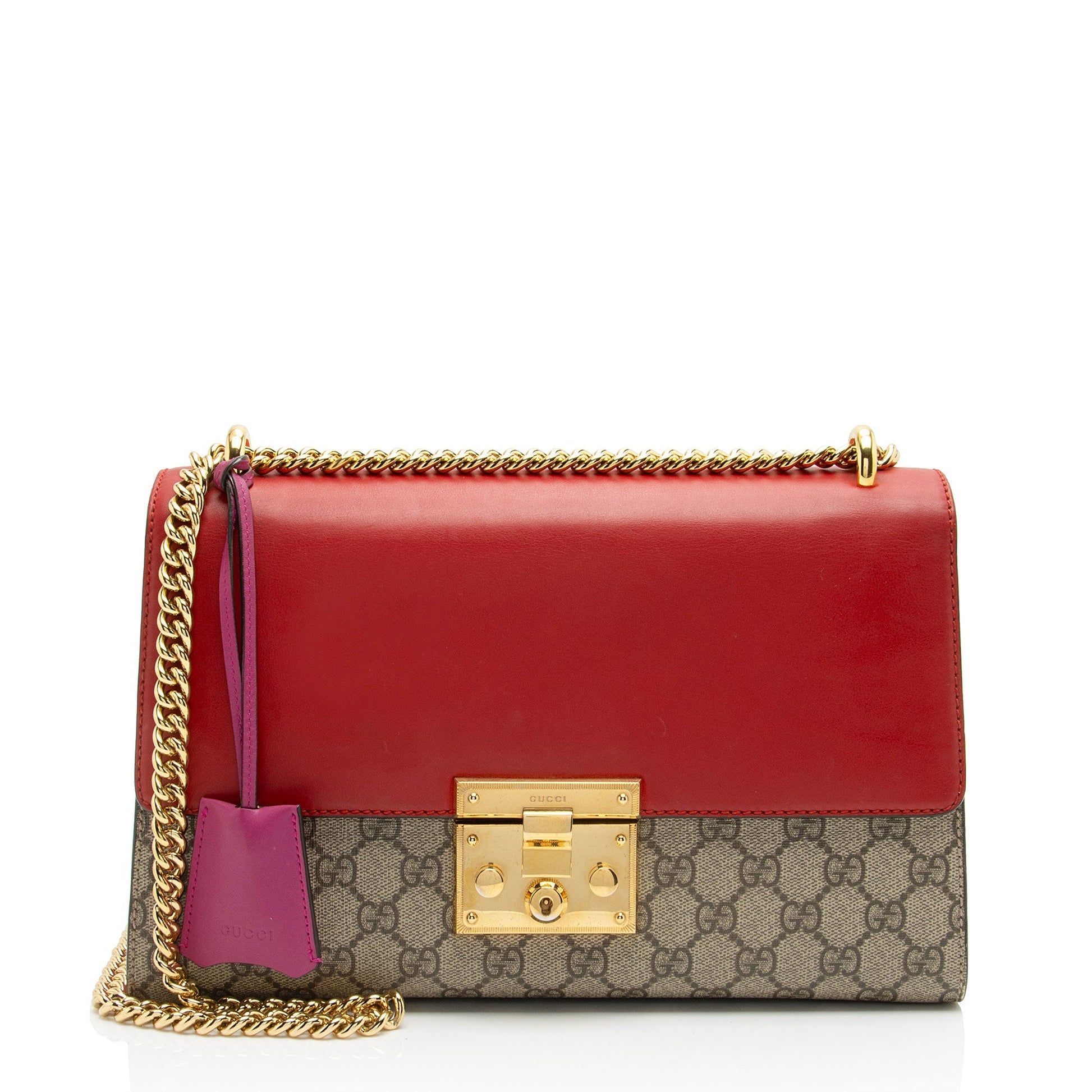 Gucci GG Supreme Padlock Leather Canvas Beige Red Shoulder Bag Shf Nvocol