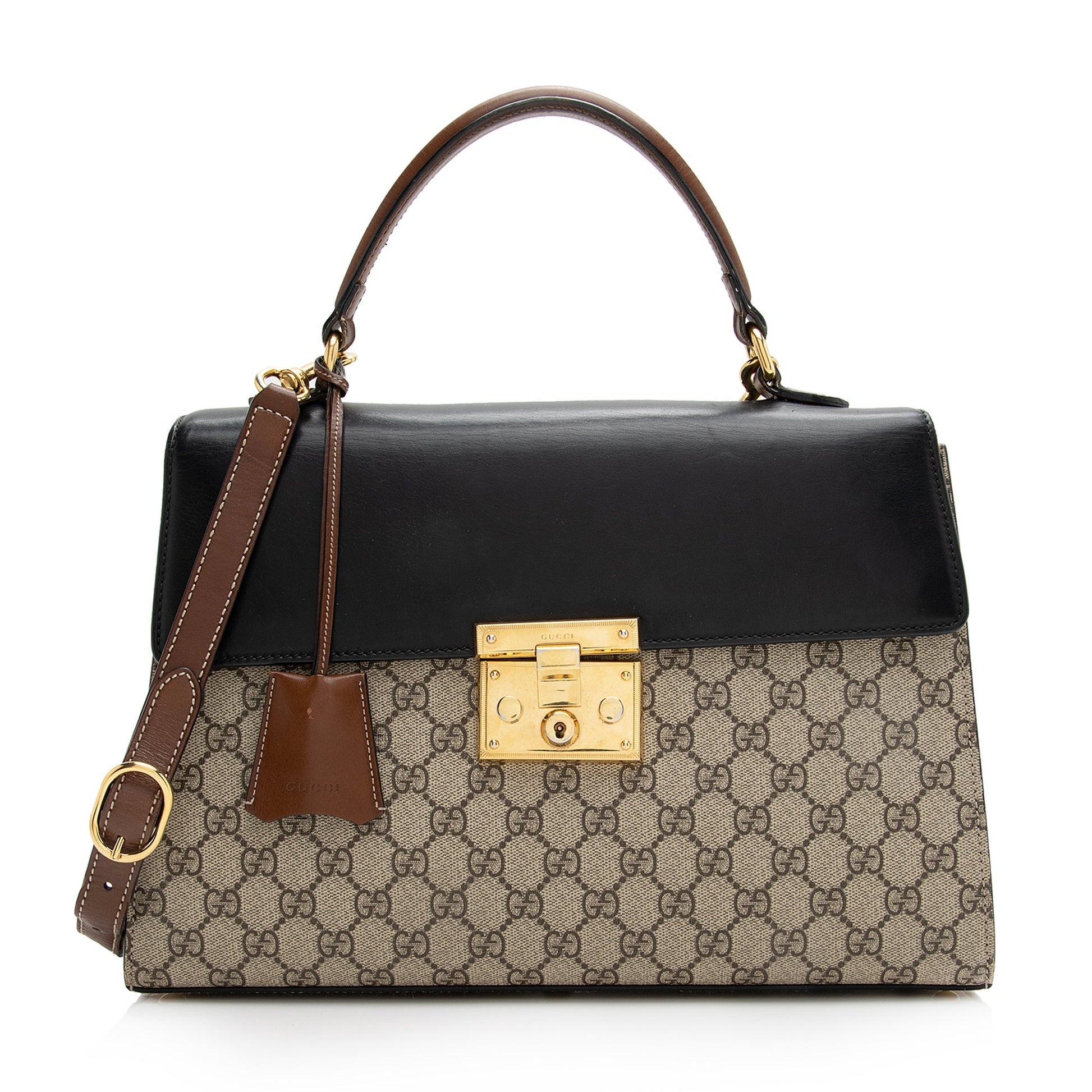 Gucci GG Supreme Padlock Top Handle Leather Canvas Black Brown Satchel Bag Satchel Shf