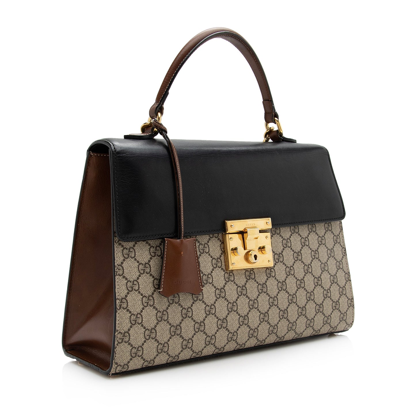 Gucci GG Supreme Padlock Top Handle Leather Canvas Black Brown Satchel Bag Satchel Shf