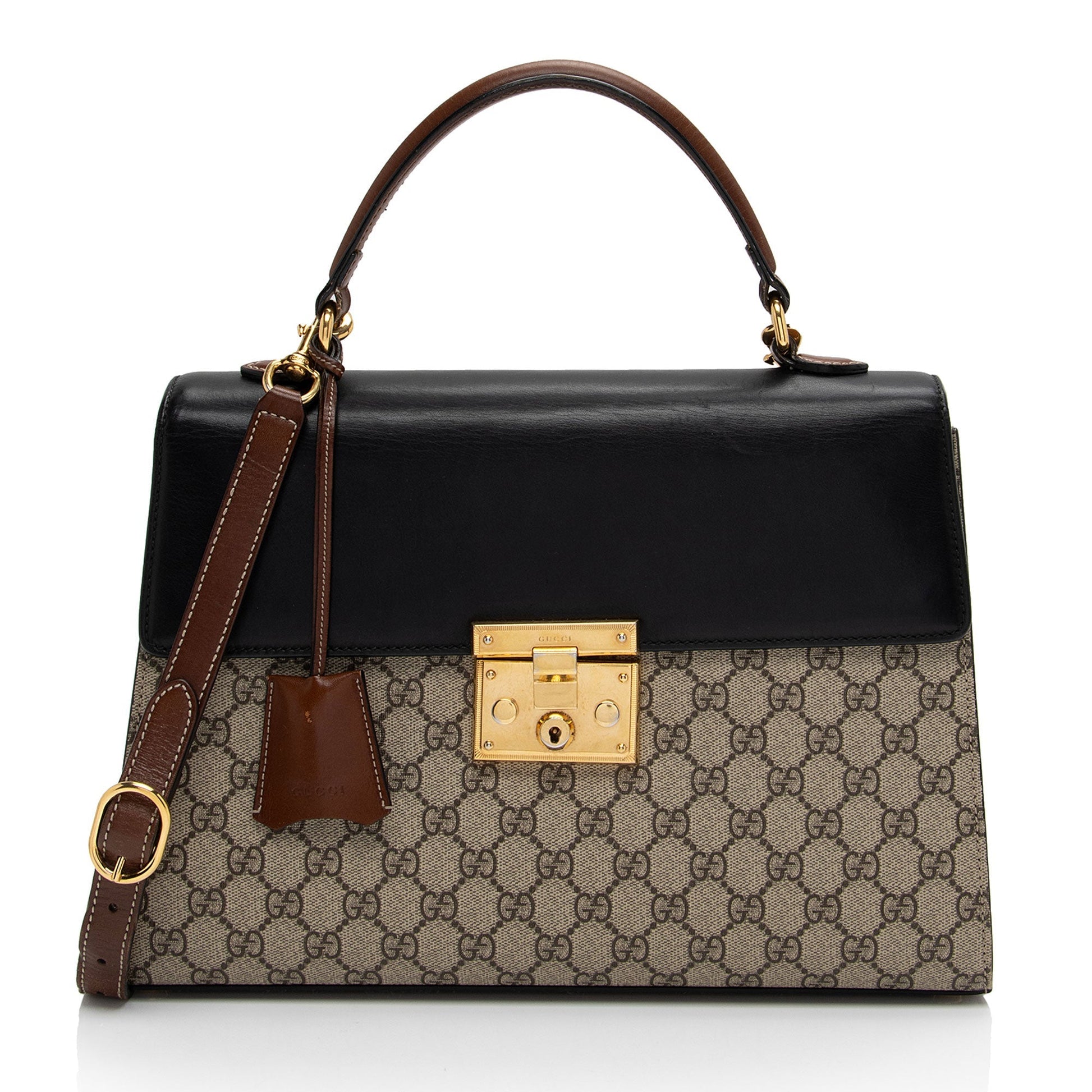 Gucci GG Supreme Padlock Top Handle Leather Canvas Black Brown Satchel Bag