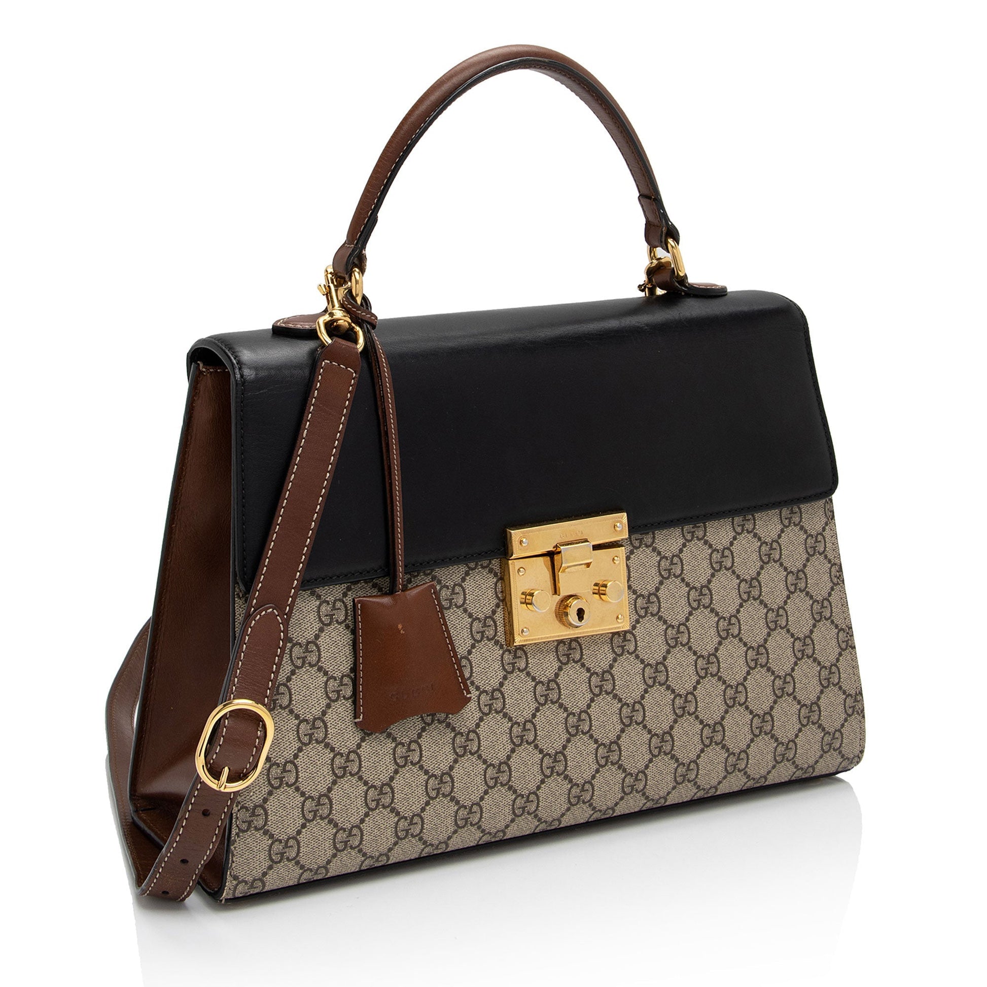 Gucci GG Supreme Padlock Top Handle Leather Canvas Black Brown Satchel Bag