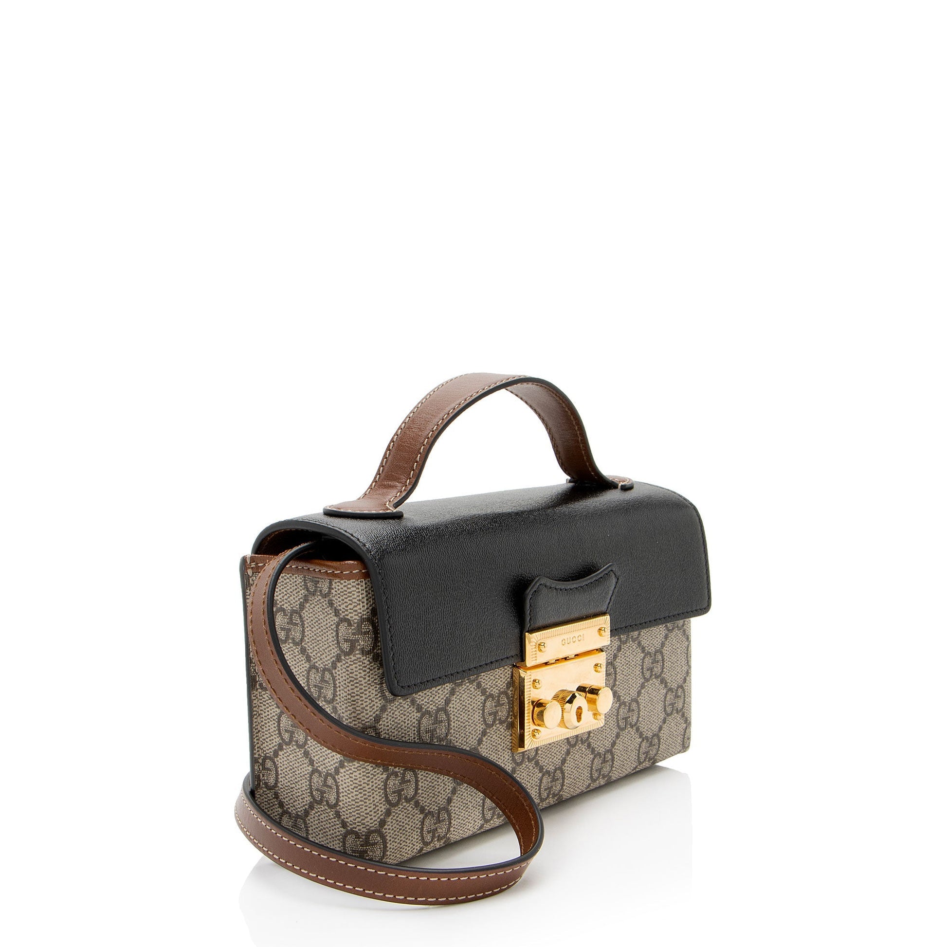 Gucci GG Supreme Padlock Top Handle Leather Canvas Black Brown Crossbody Bag
