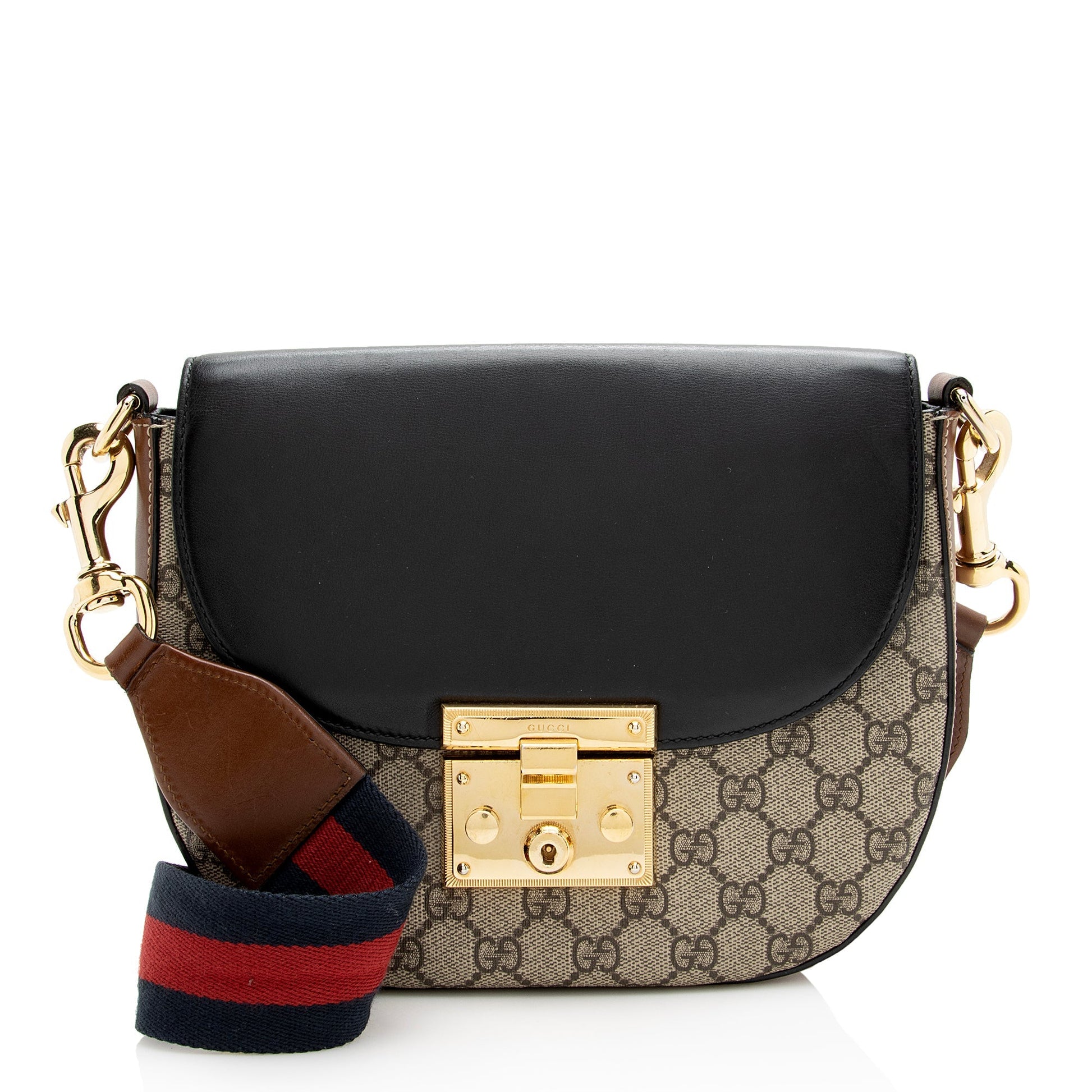 Gucci GG Supreme Padlock Saddle SHF Leather Canvas Nylon Black Crossbody Bag