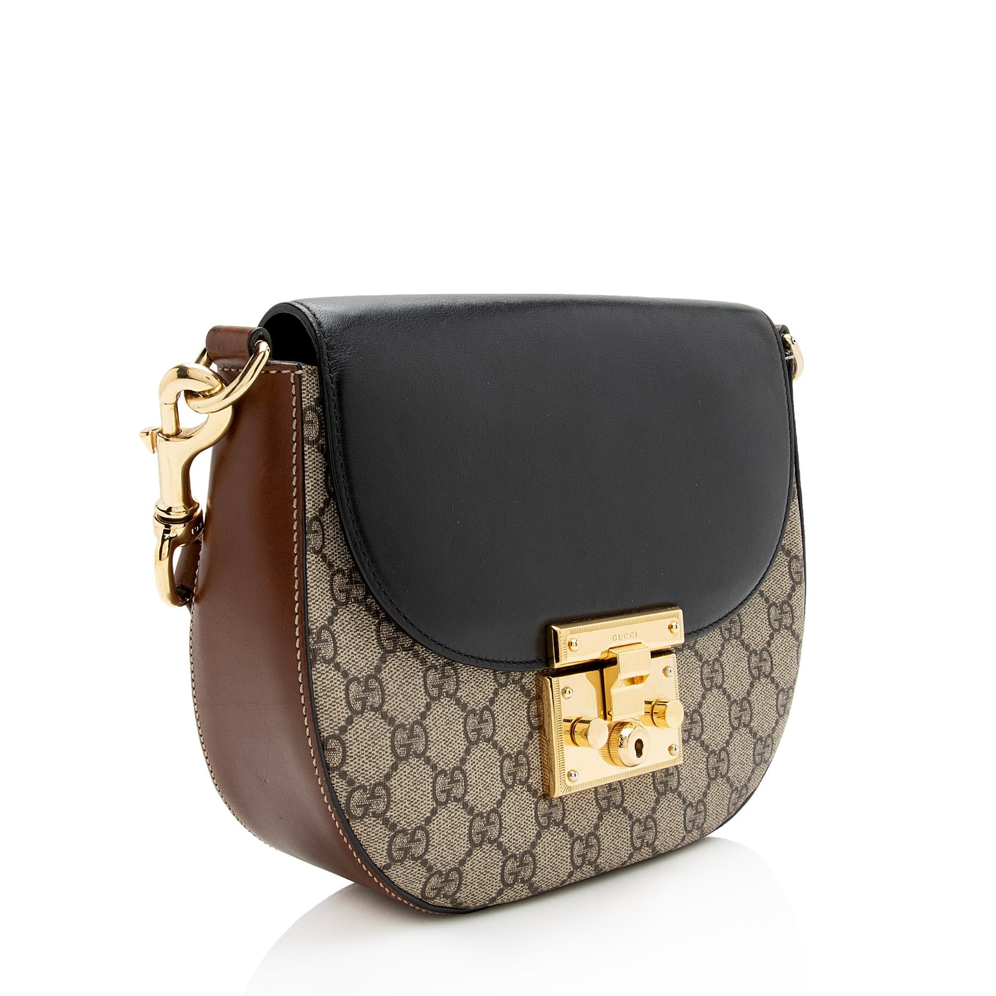 Gucci GG Supreme Padlock Saddle SHF Leather Canvas Nylon Black Crossbody Bag