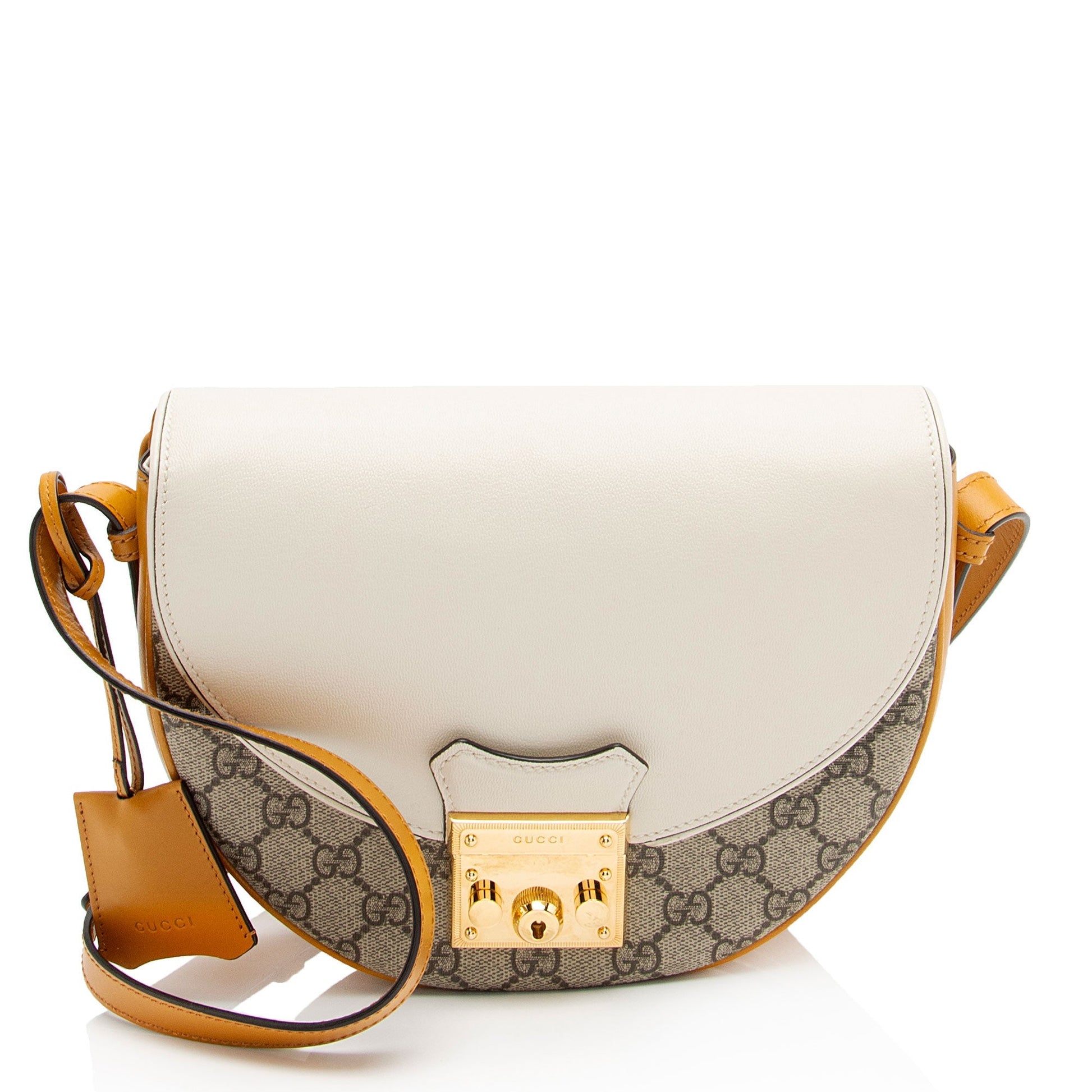 Gucci GG Supreme Padlock Saddle SHF-VMEURh Leather Canvas White Beige Crossbody Bag