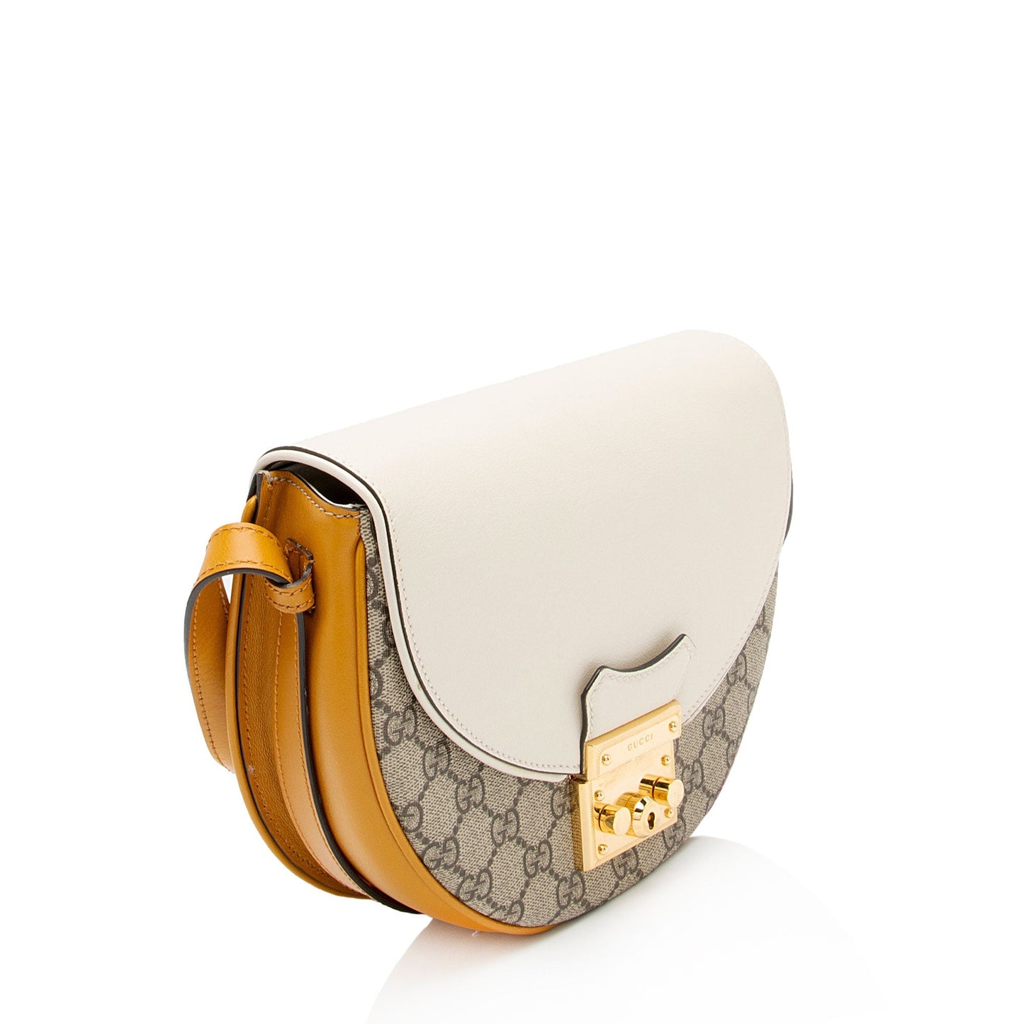 Gucci GG Supreme Padlock Saddle SHF-VMEURh Leather Canvas White Beige Crossbody Bag