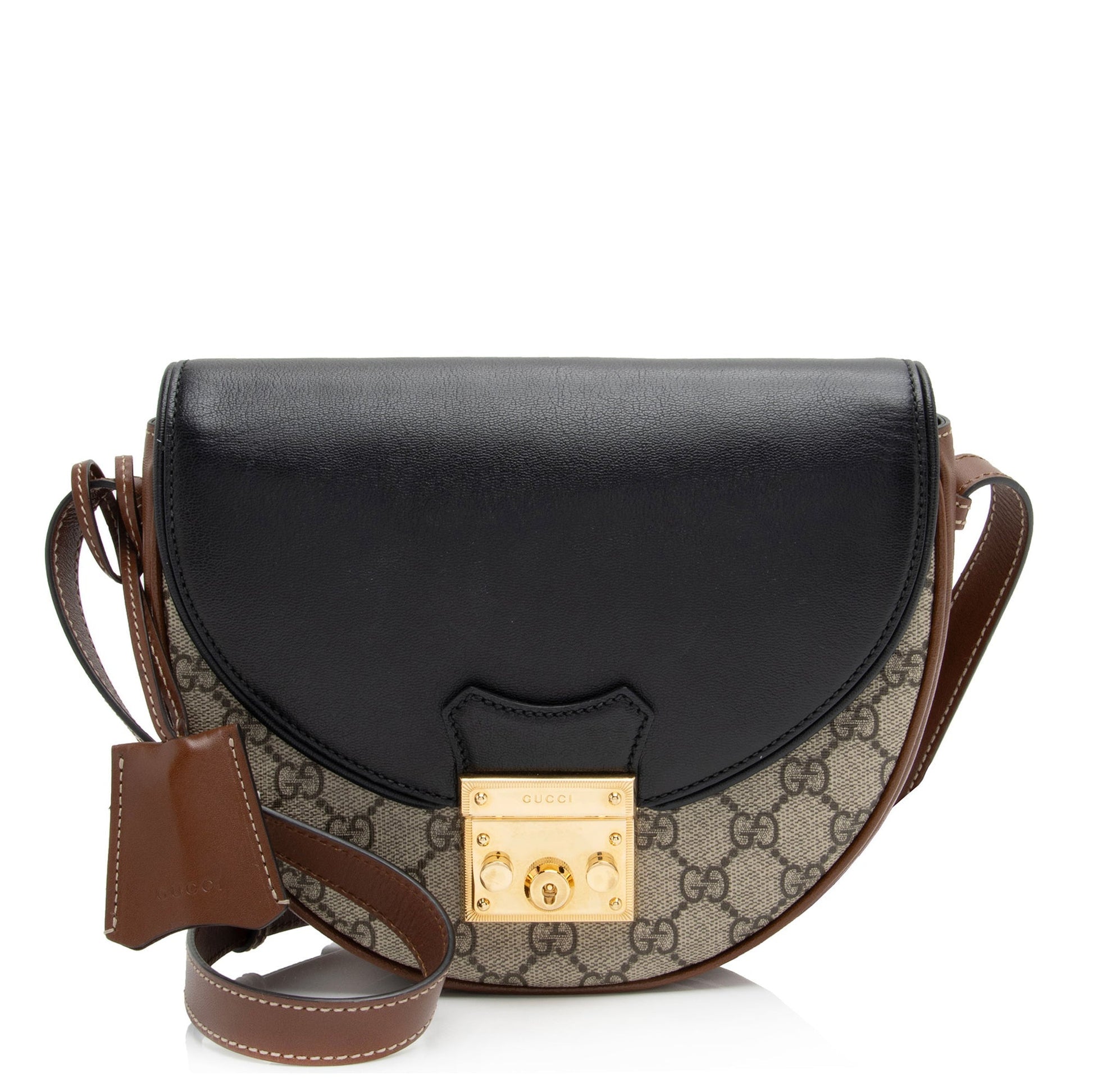 Gucci GG Supreme Padlock Saddle SHF-hTmpl4 Leather Canvas Black Brown Crossbody Bag