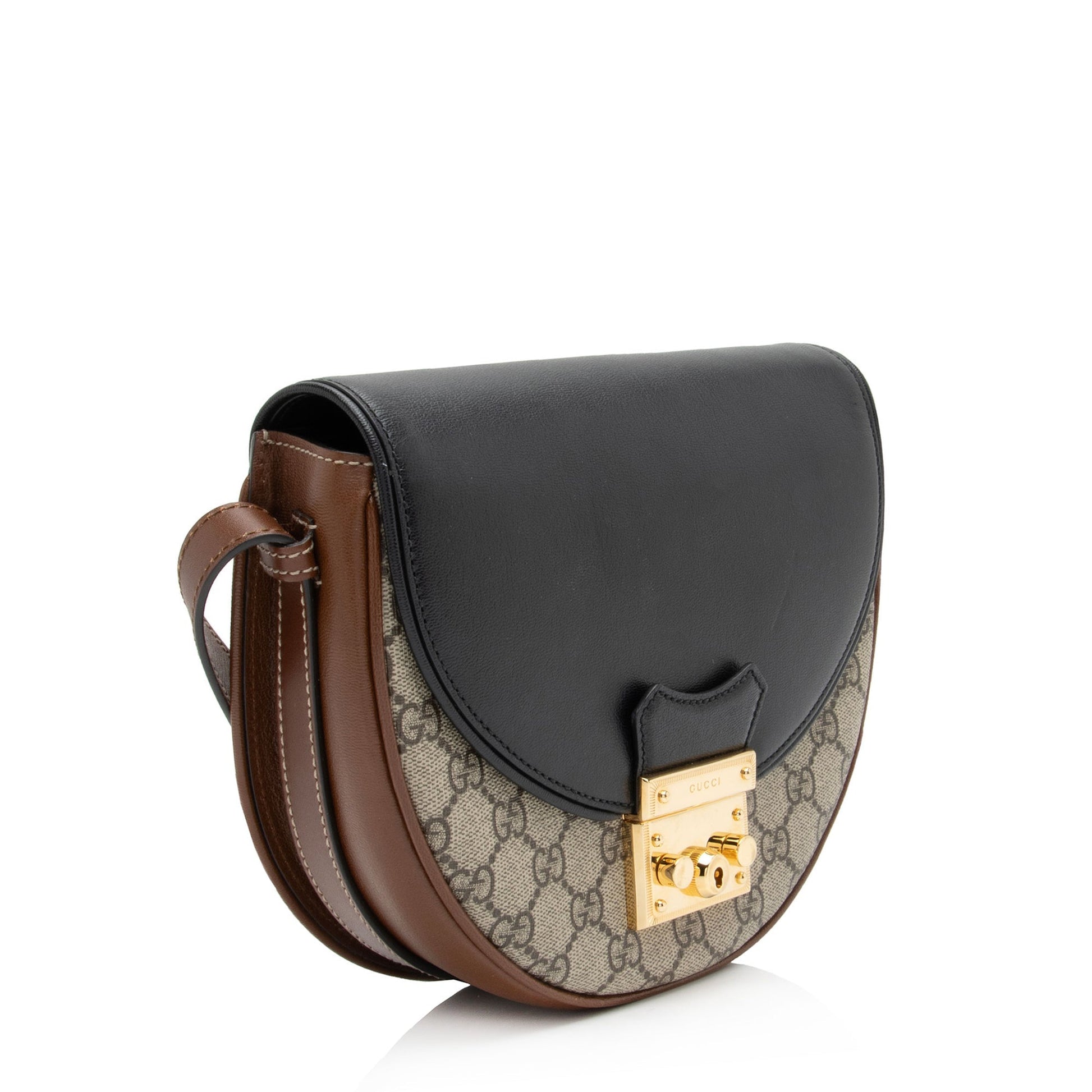 Gucci GG Supreme Padlock Saddle SHF-hTmpl4 Leather Canvas Black Brown Crossbody Bag