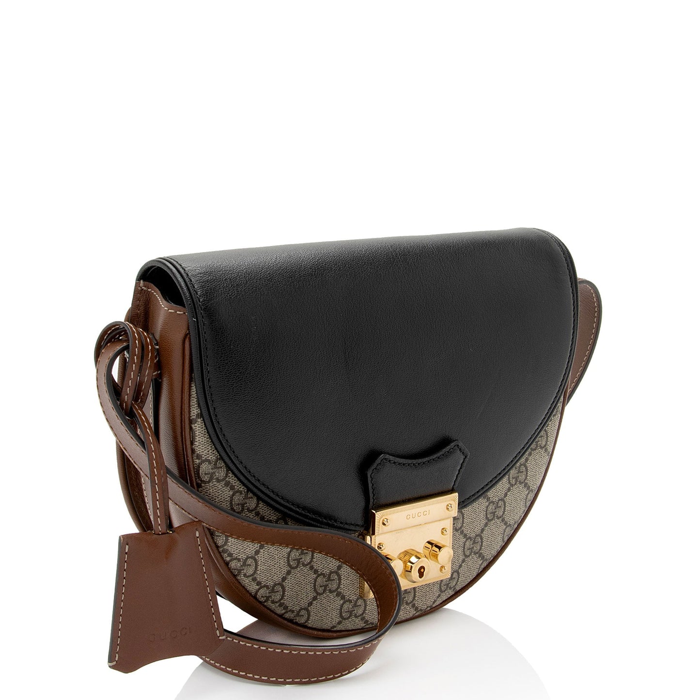 Gucci GG Supreme Padlock Saddle SHF-Wwfxt7 Leather Canvas Black Brown Crossbody Bag