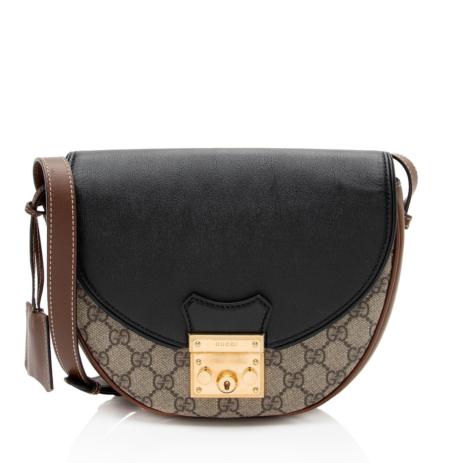 Gucci GG Supreme Padlock Saddle Leather Canvas Black Beige Crossbody Bag