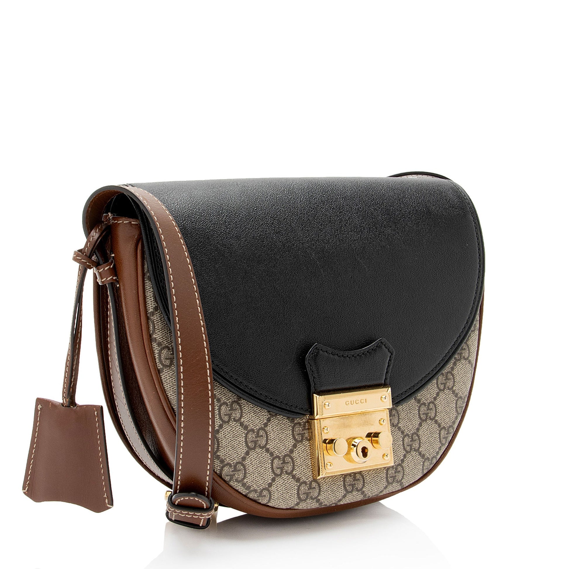Gucci GG Supreme Padlock Saddle Leather Canvas Black Beige Crossbody Bag
