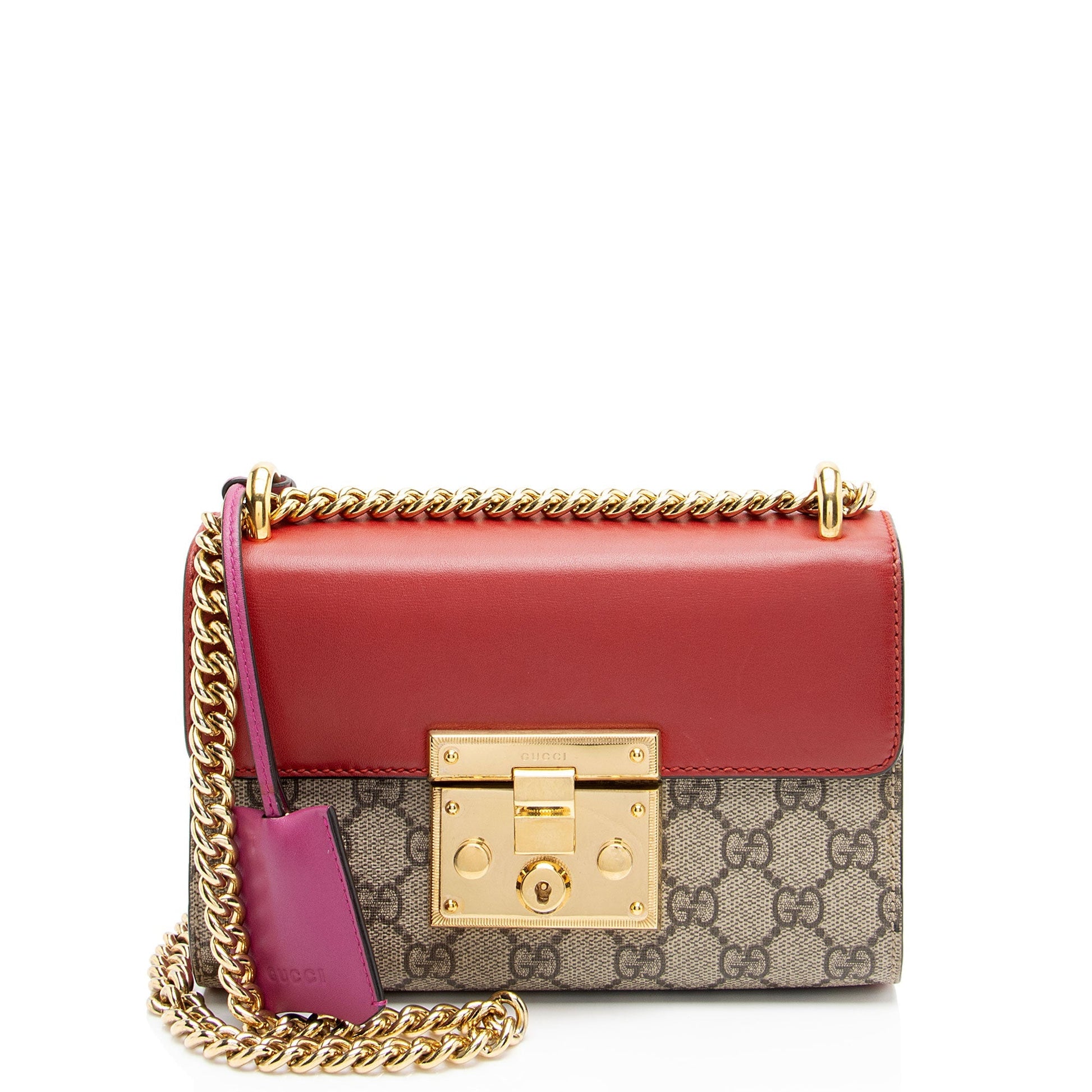 Gucci GG Supreme Padlock Leather Canvas Beige Red Shoulder Bag