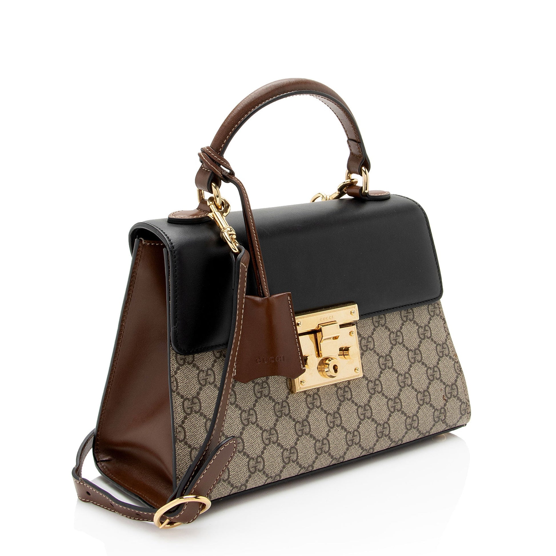 Gucci GG Supreme Padlock Top Handle Leather Canvas Black Brown Satchel Bag Shf Jrvndb