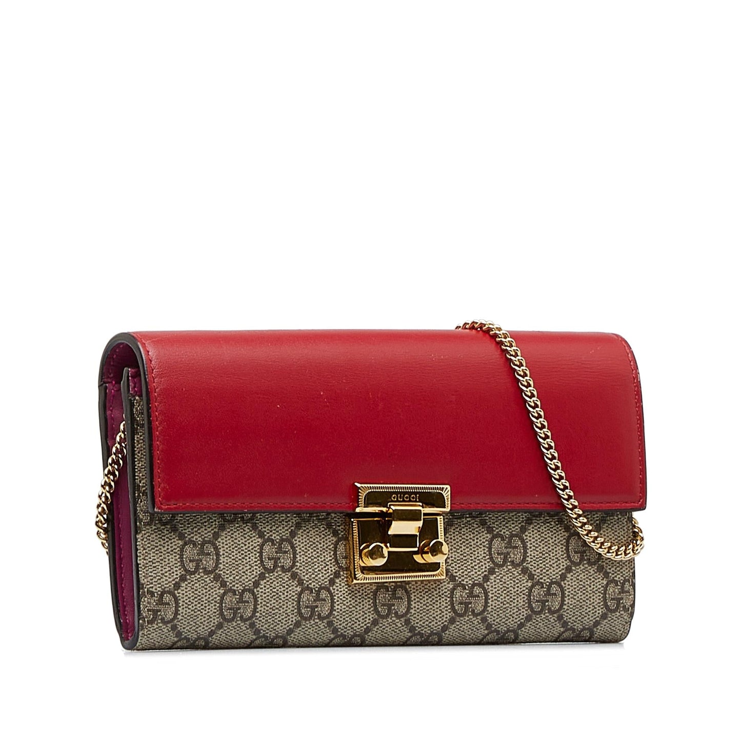Gucci GG Supreme Padlock Wallet On Canvas Brown Chain Handbag
