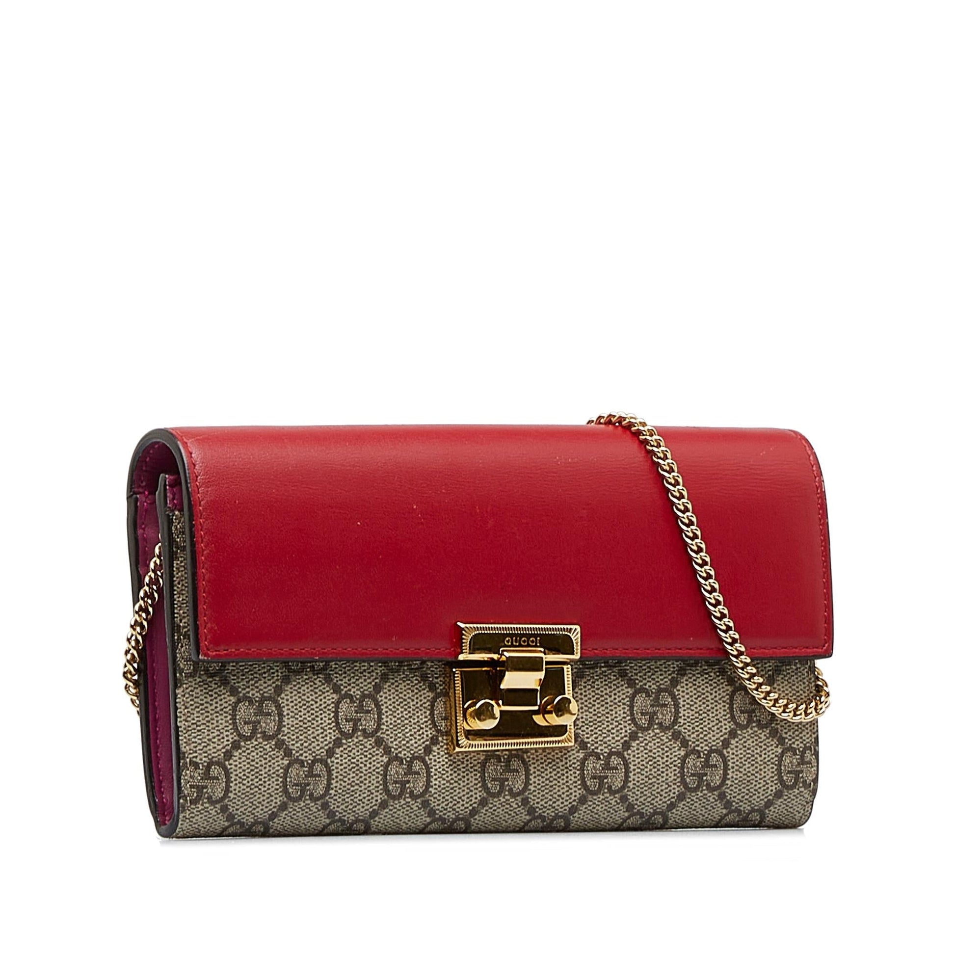 Gucci GG Supreme Padlock Wallet On Canvas Brown Chain Handbag