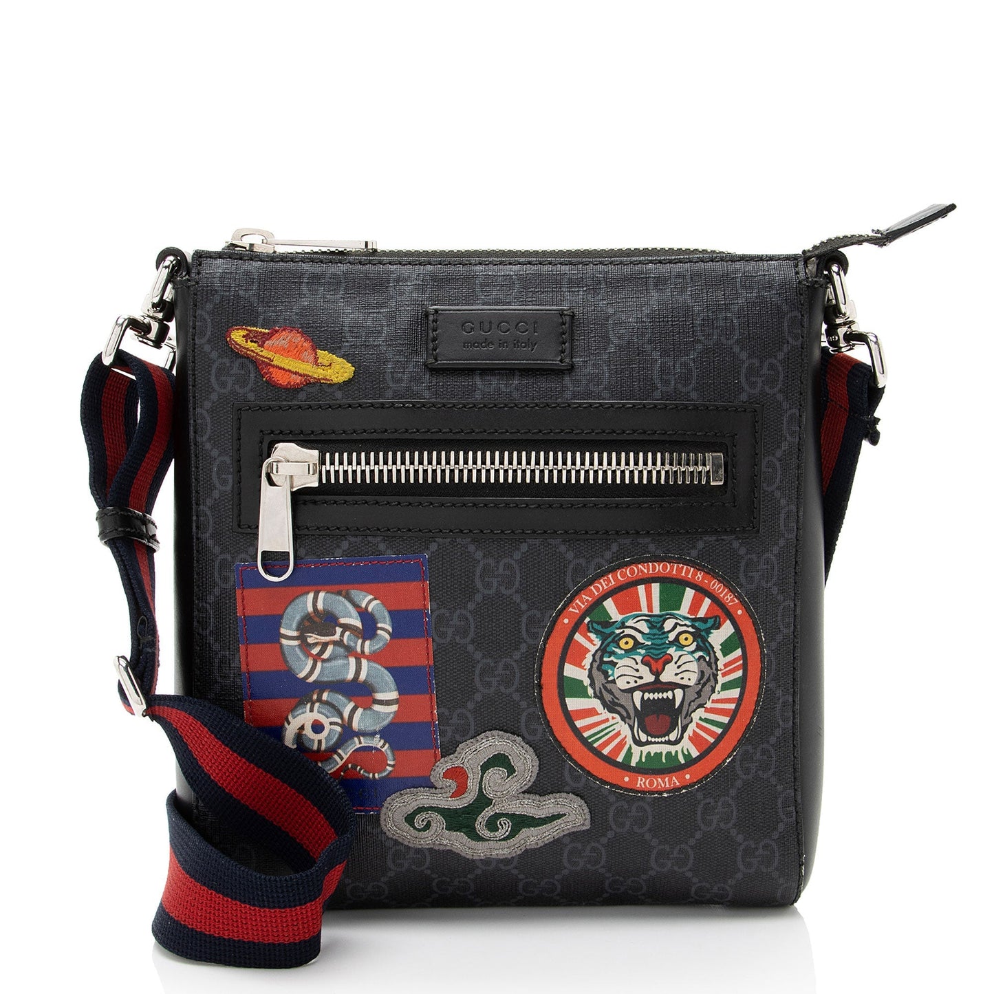 Gucci GG Supreme Patches Messenger Leather Canvas Nylon Black Shoulder Bag
