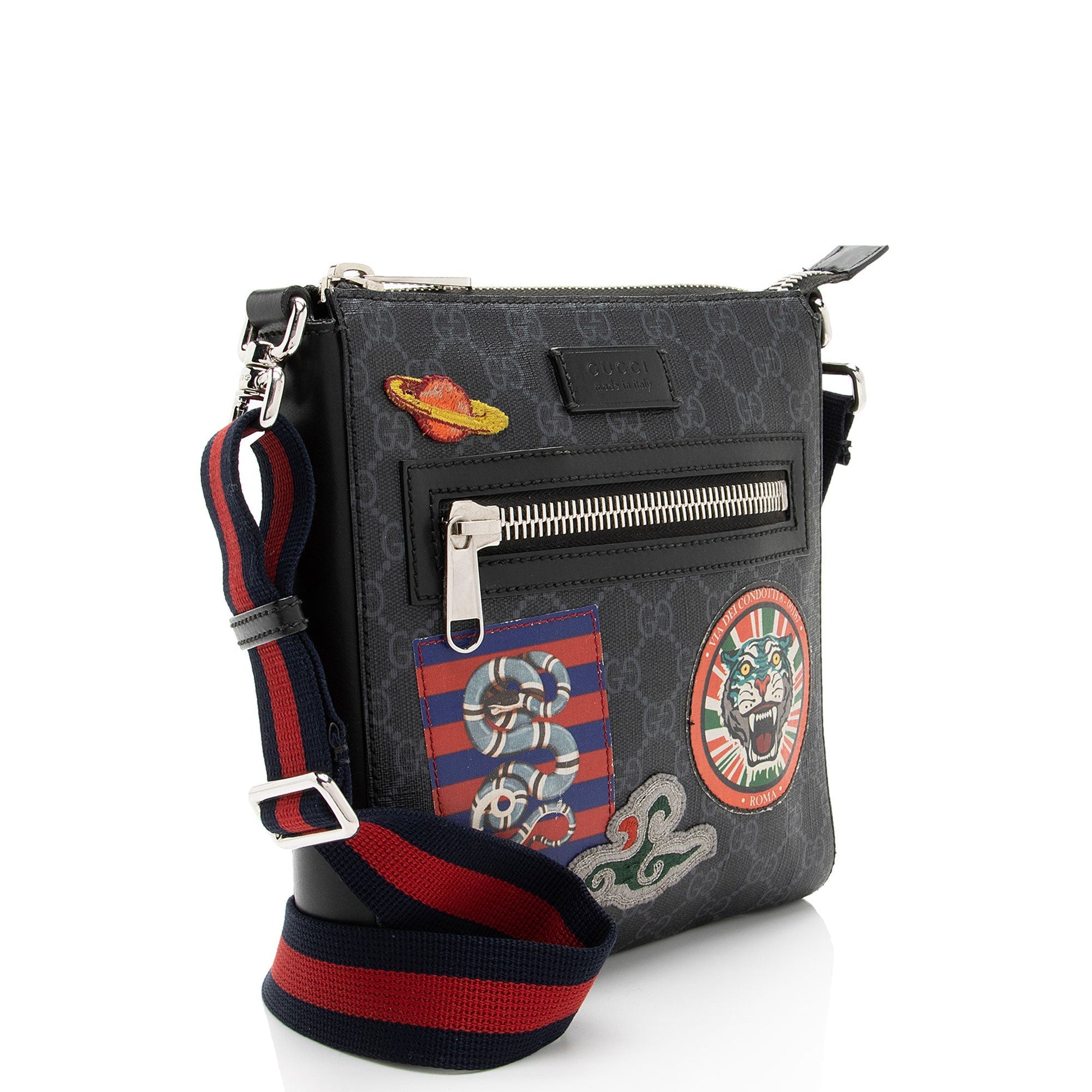 Gucci GG Supreme Patches Messenger Leather Canvas Nylon Black Shoulder Bag