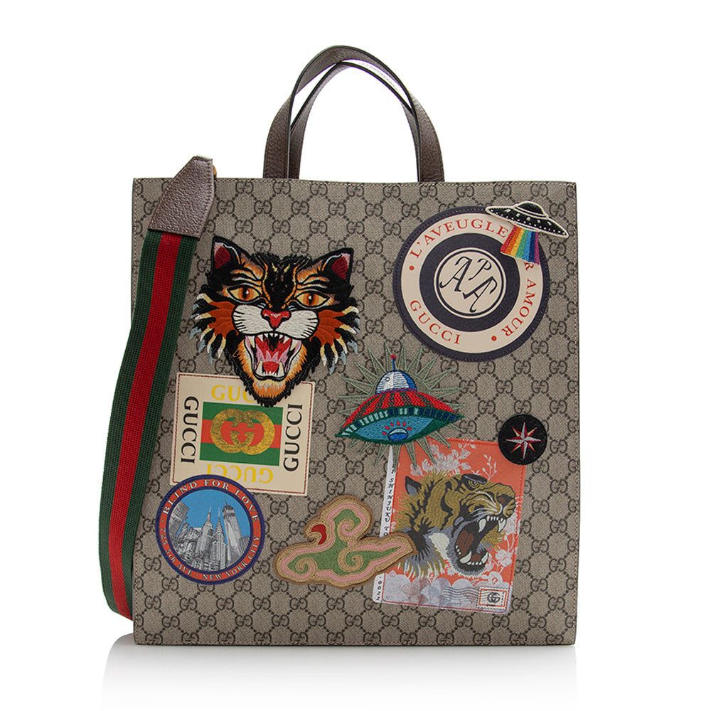 Gucci GG Supreme North South Soft Leather Canvas Nylon Beige Tote Bag