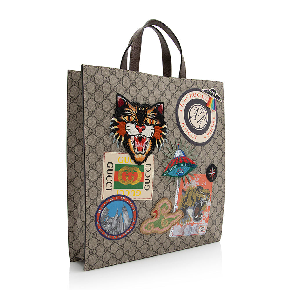 Gucci GG Supreme North South Soft Leather Canvas Nylon Beige Tote Bag