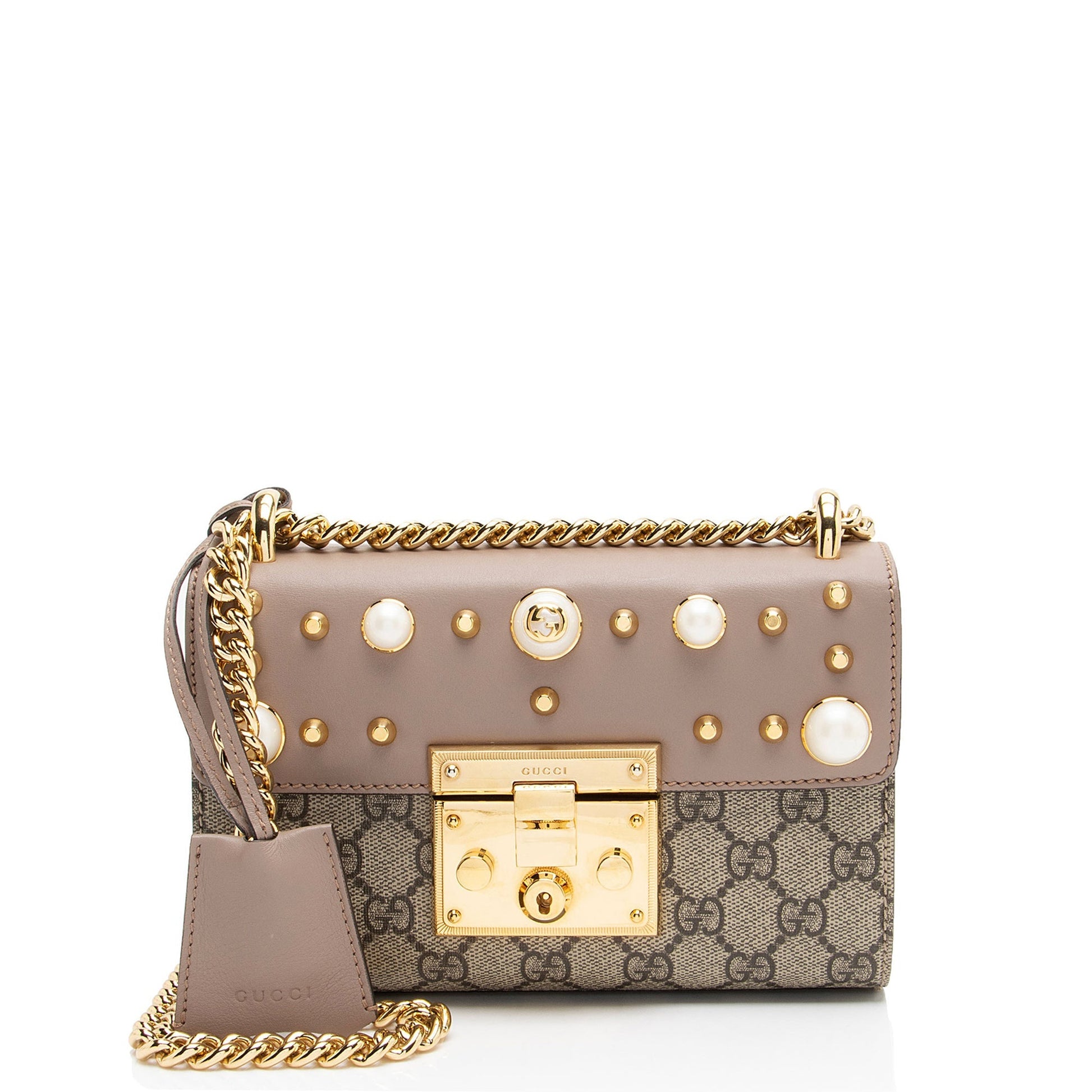 Gucci GG Supreme Pearl Stud Padlock Leather Canvas Beige Small Shoulder Bag