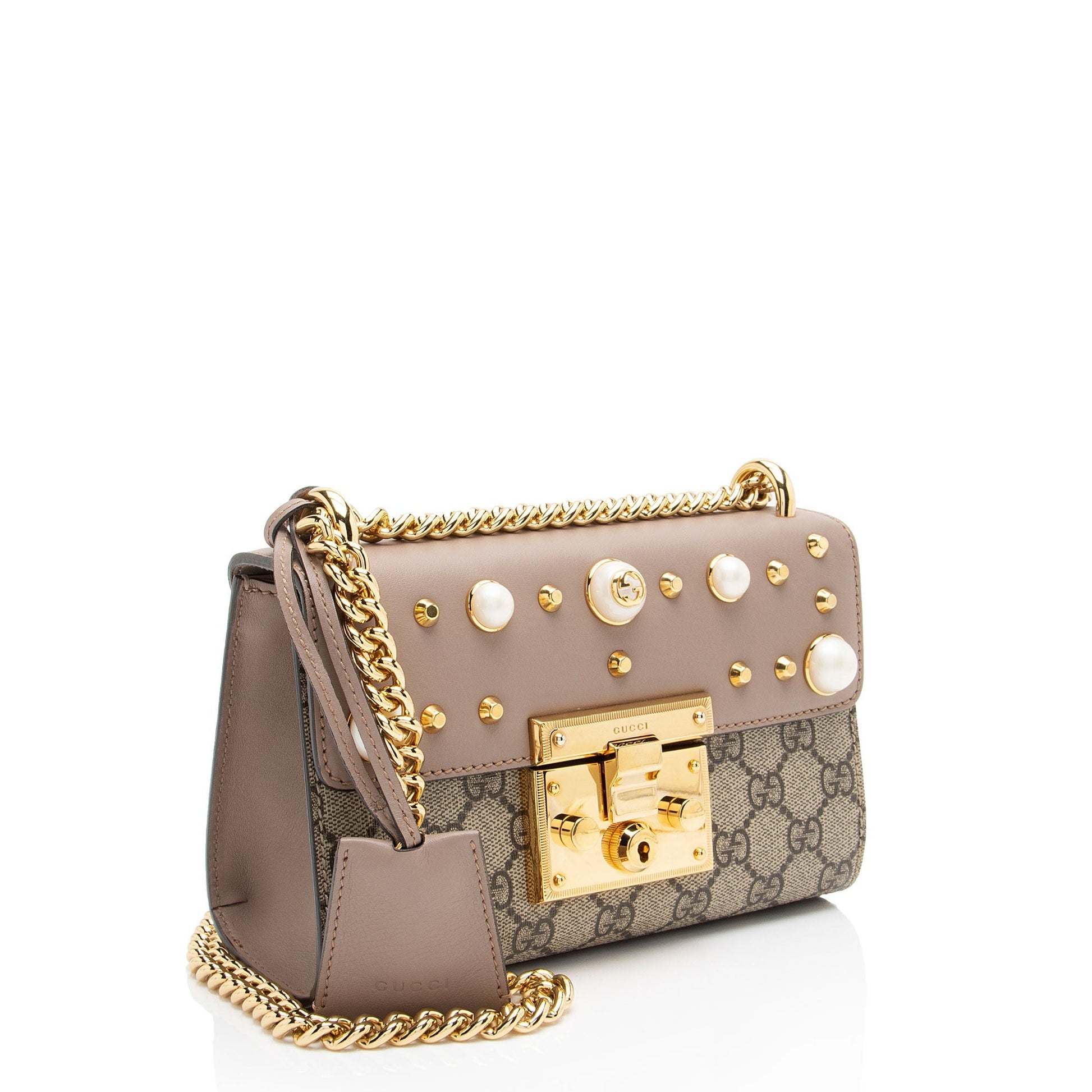 Gucci GG Supreme Pearl Stud Padlock Leather Canvas Beige Small Shoulder Bag
