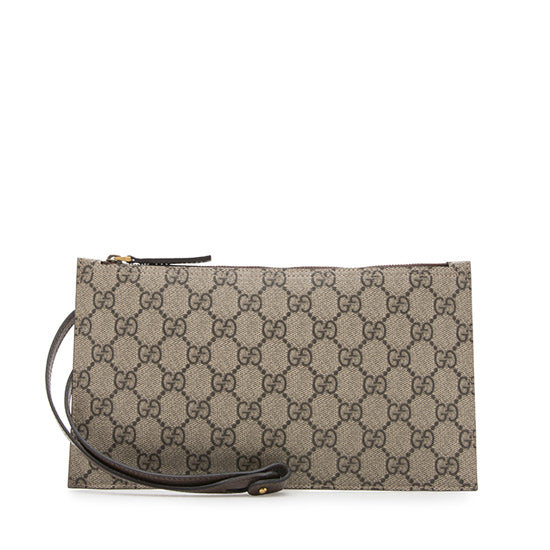 Gucci GG Supreme Pochette SHF Leather Canvas Brown Beige Clutch Bag