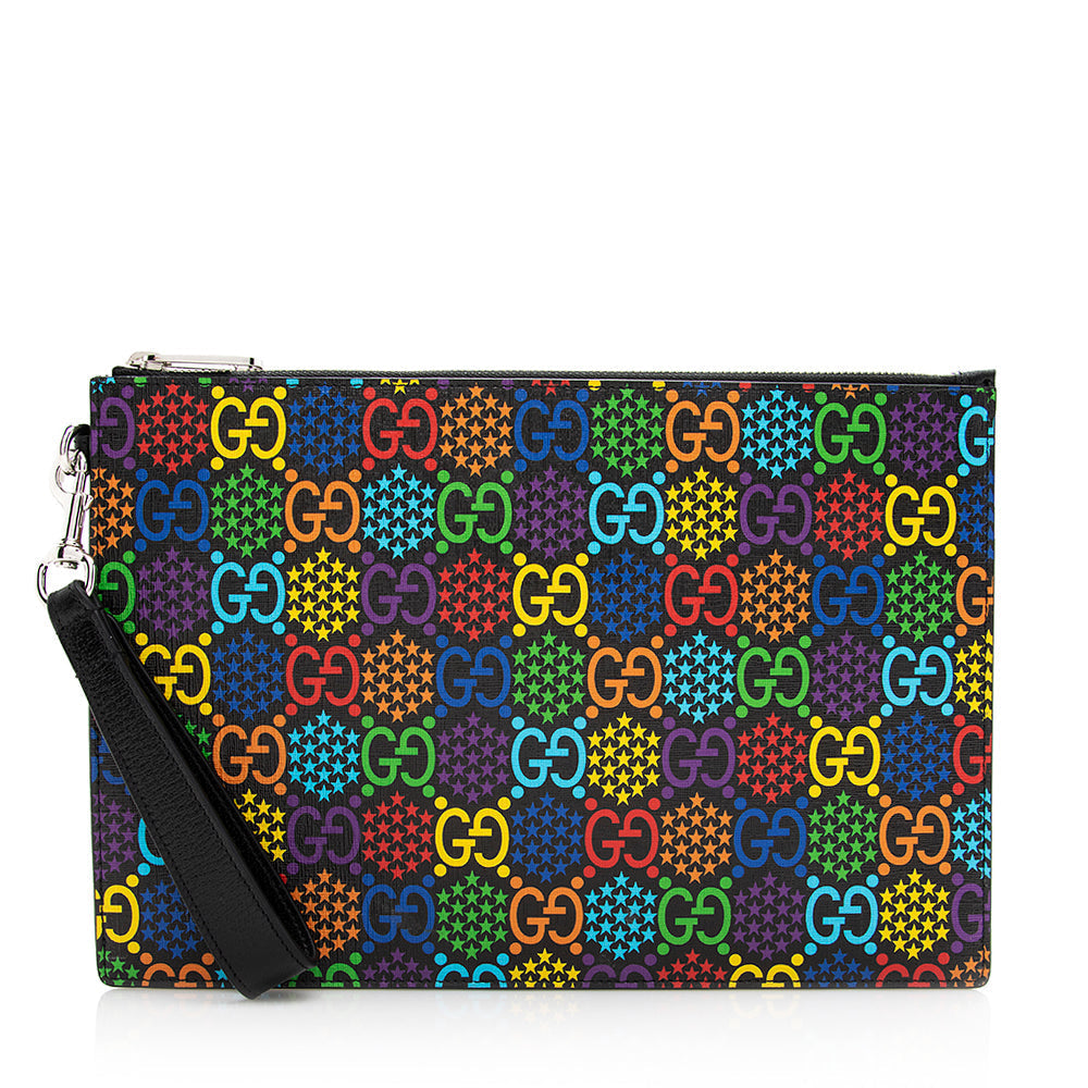 Gucci GG Supreme Psychedelic Zip Wristlet Leather Canvas Black Clutch Bag 5