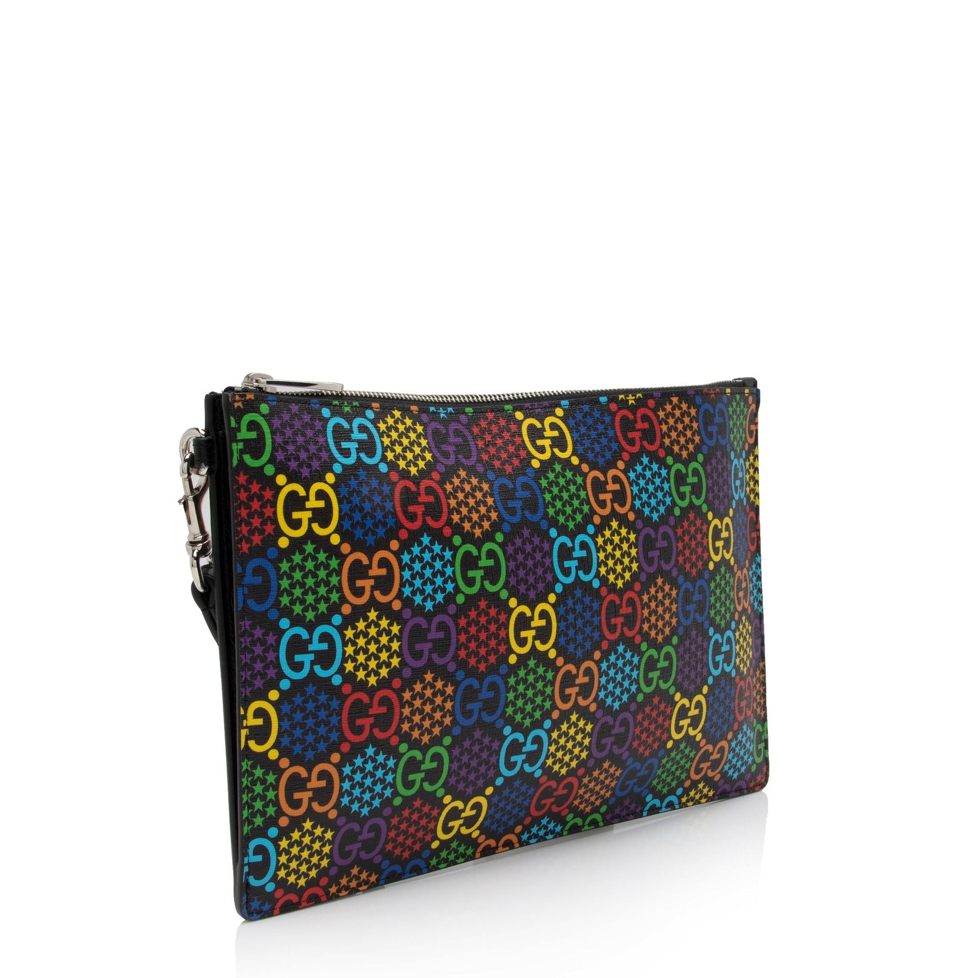 Gucci GG Supreme Psychedelic Zip Wristlet Leather Canvas Black Clutch Bag Shf Tnf9Lo