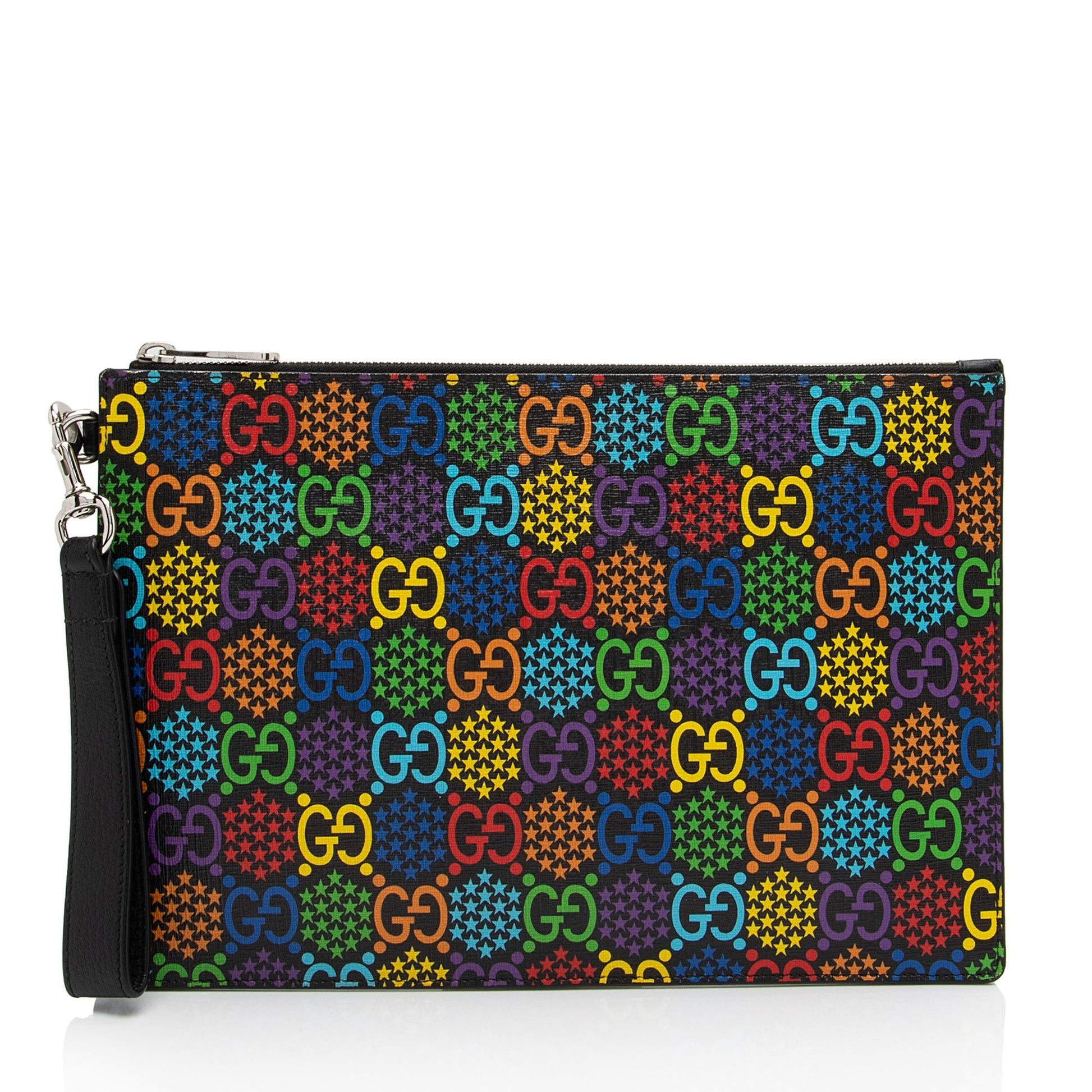 Gucci GG Supreme Psychedelic Zip Wristlet Leather Canvas Black Clutch Bag