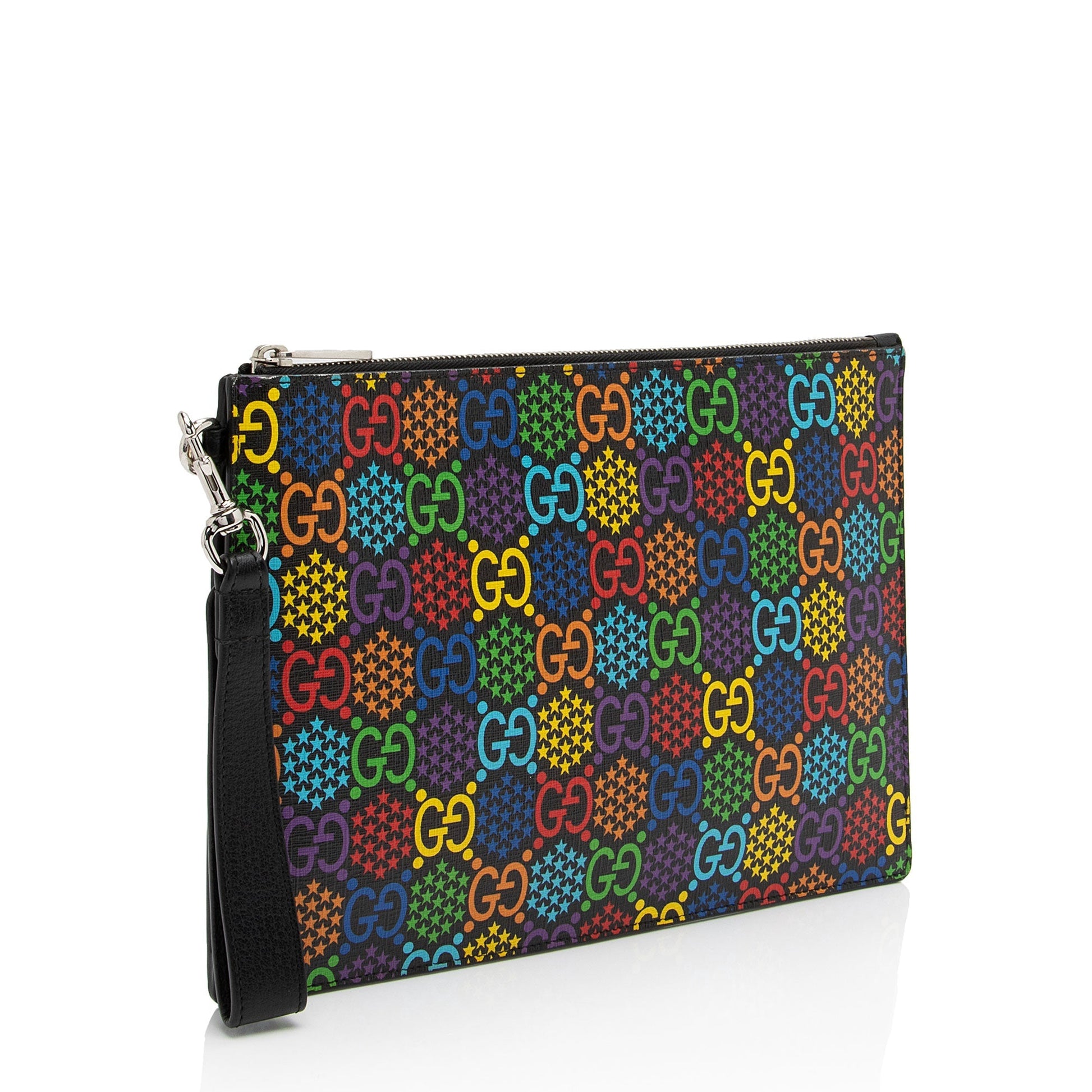 Gucci GG Supreme Psychedelic Zip Wristlet Leather Canvas Black Clutch Bag