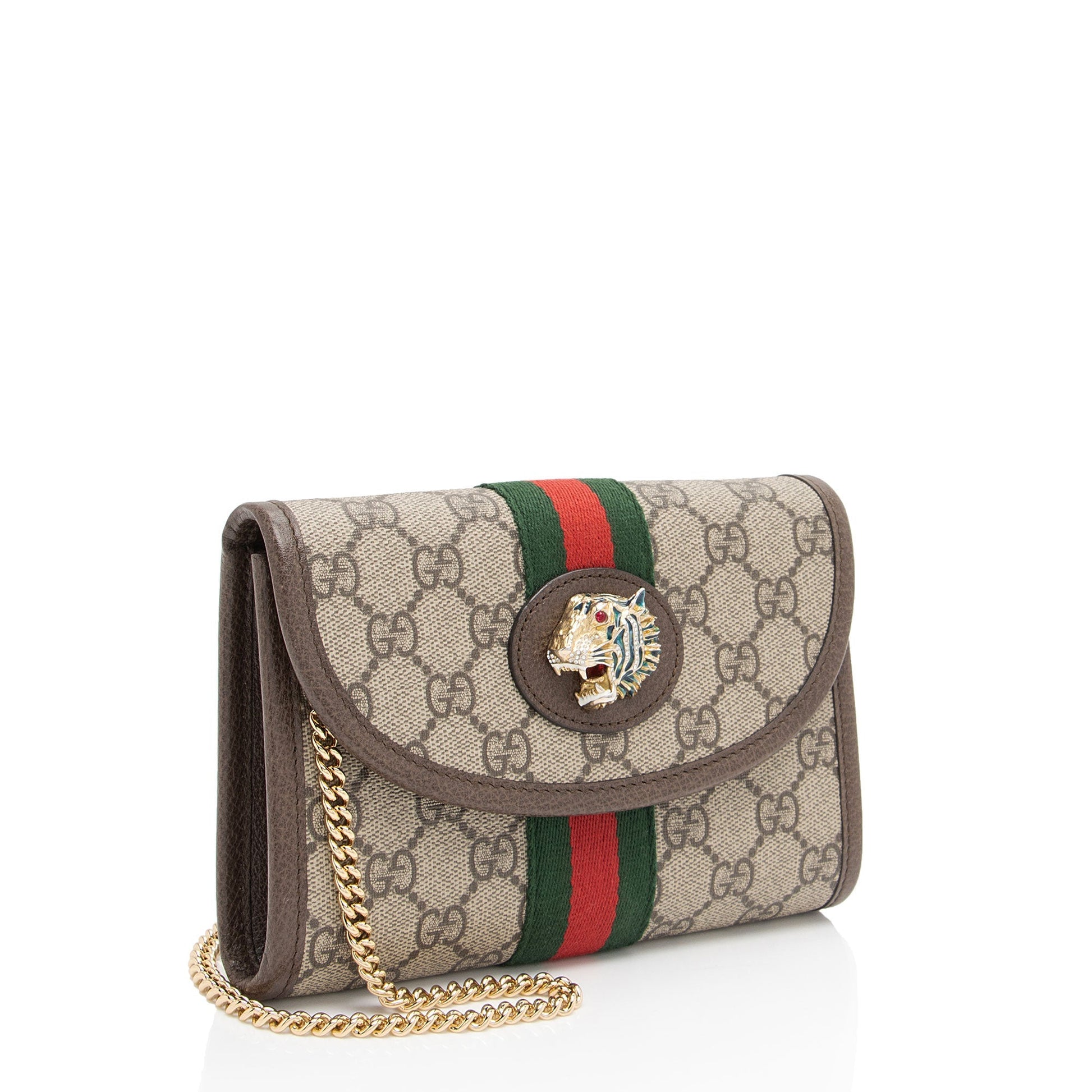 Gucci GG Supreme Rajah Slim Flap Leather Canvas Nylon Brown Crossbody Bag