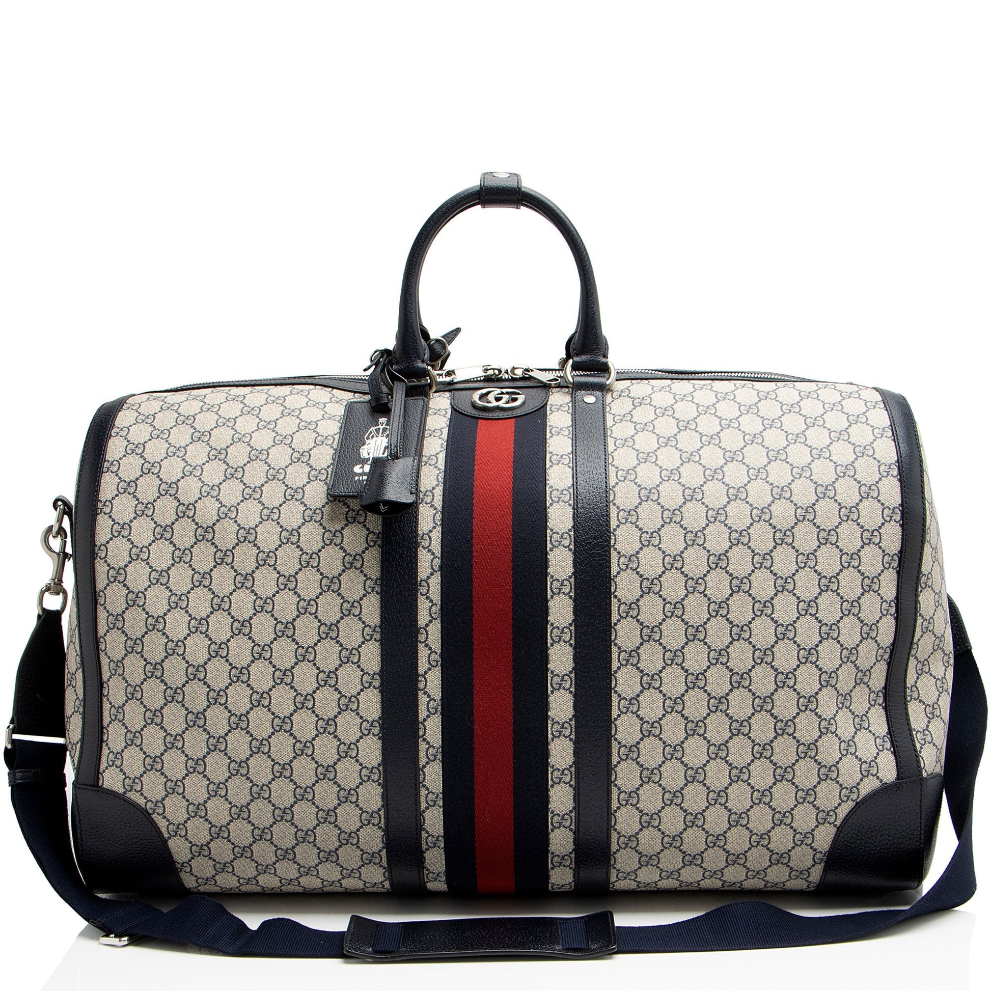 Gucci GG Supreme Savoy Maxi Duffle Canvas Beige Blue Travel Bag