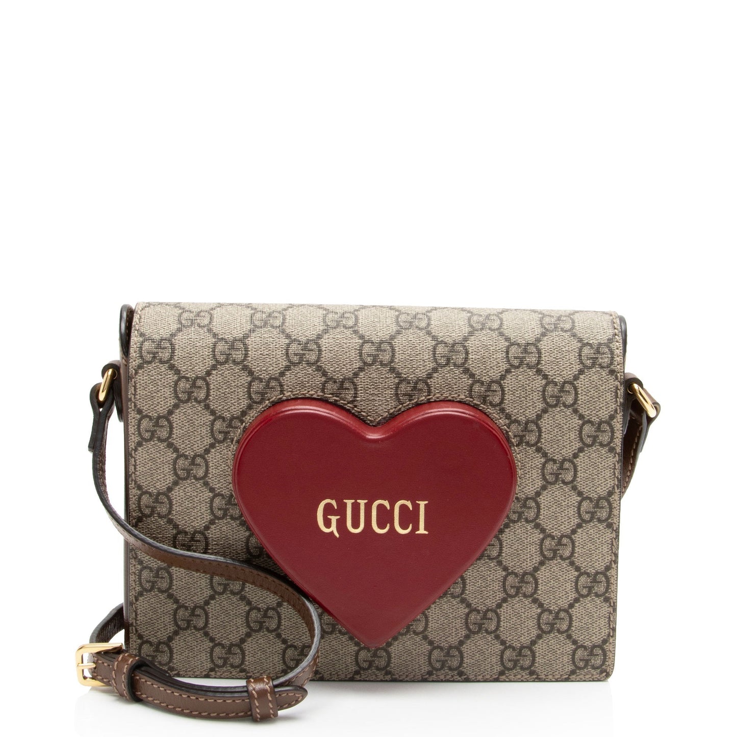 Gucci GG Supreme Script Logo Heart Leather Canvas Brown Beige Crossbody Bag