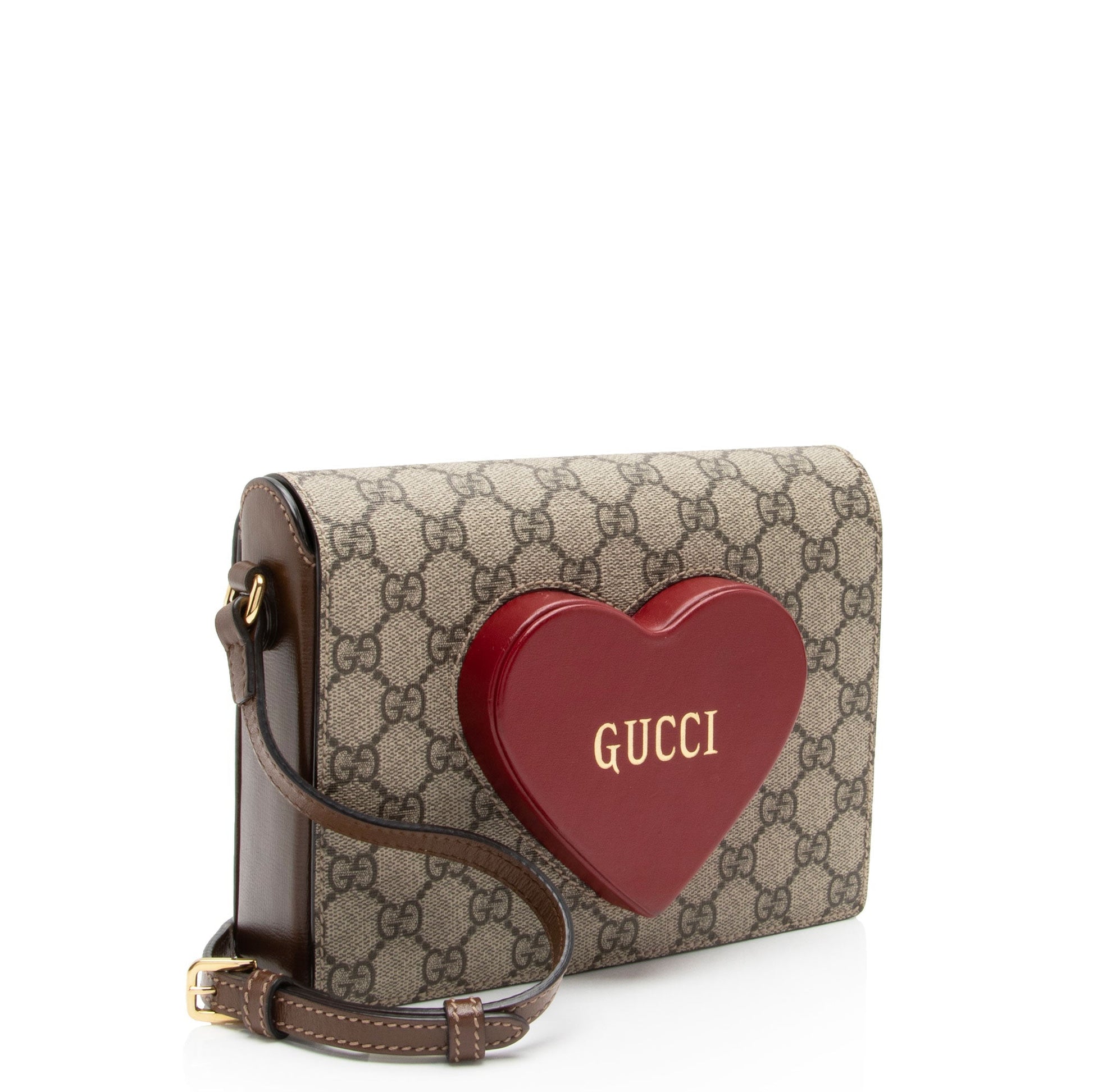 Gucci GG Supreme Script Logo Heart Leather Canvas Brown Beige Crossbody Bag