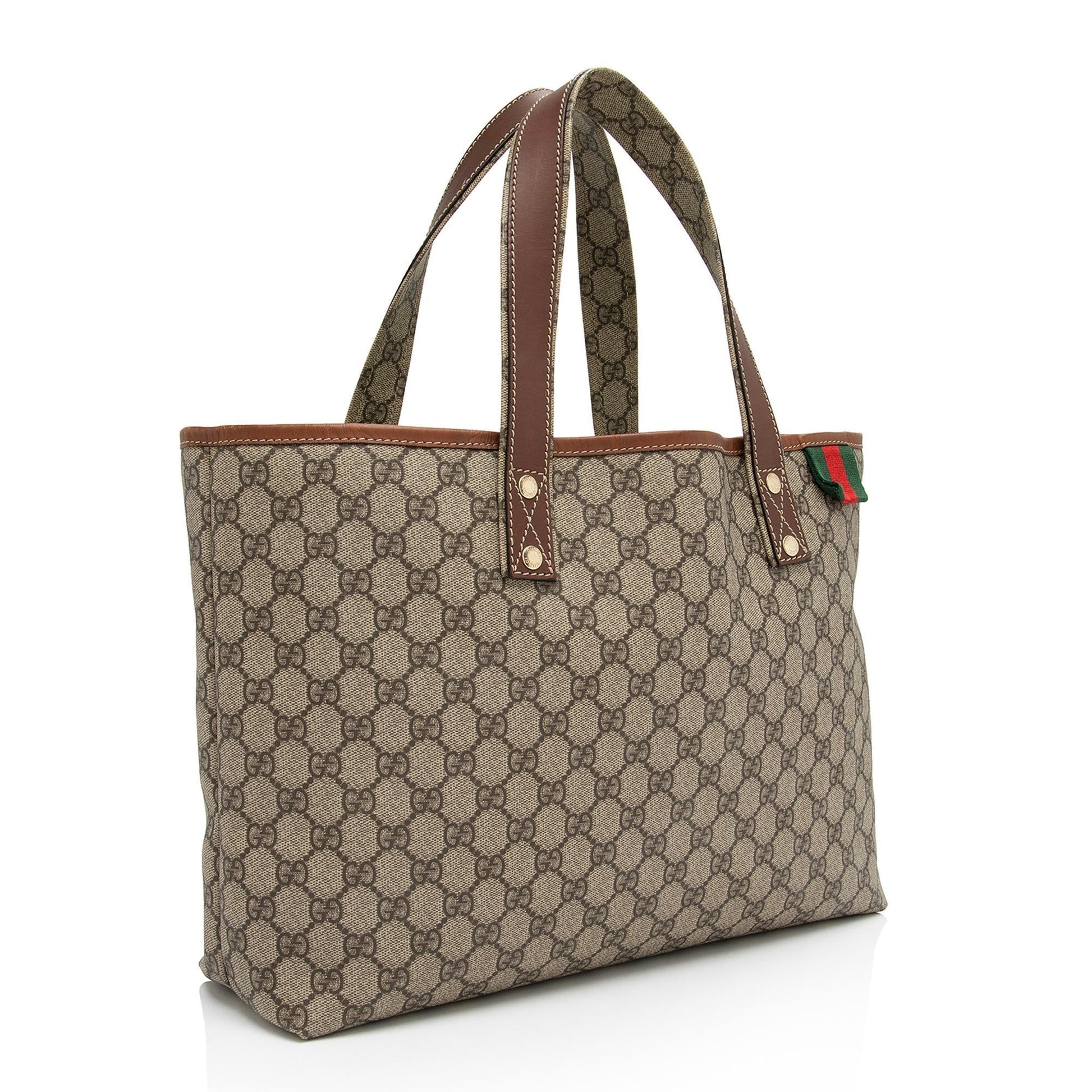 Gucci GG Supreme Signature Web Loop Leather Canvas Nylon Brown Tote Bag Shf Ll8U5X