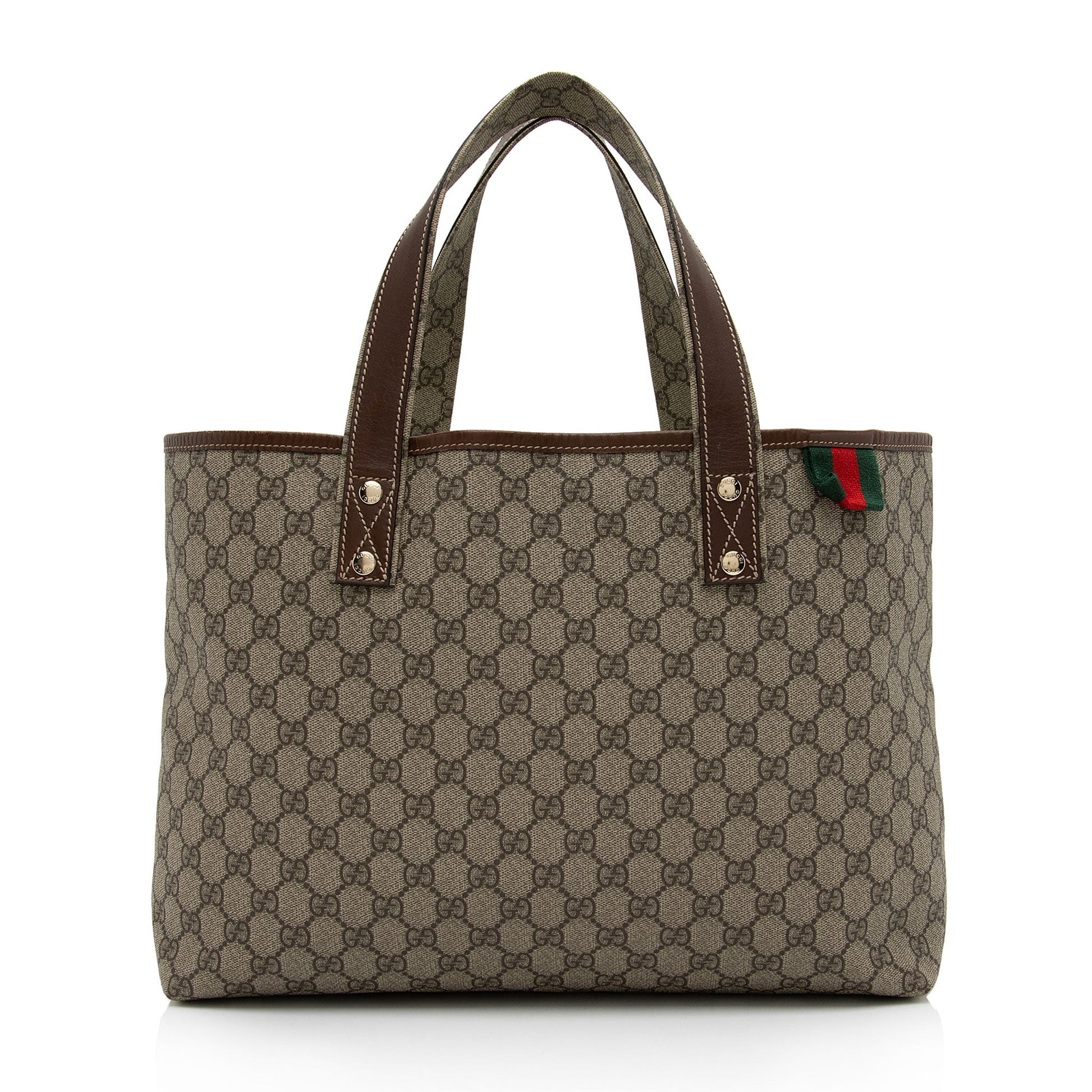 Gucci GG Supreme Signature Web Loop Leather Canvas Nylon Brown Tote Bag Shf J62D4H