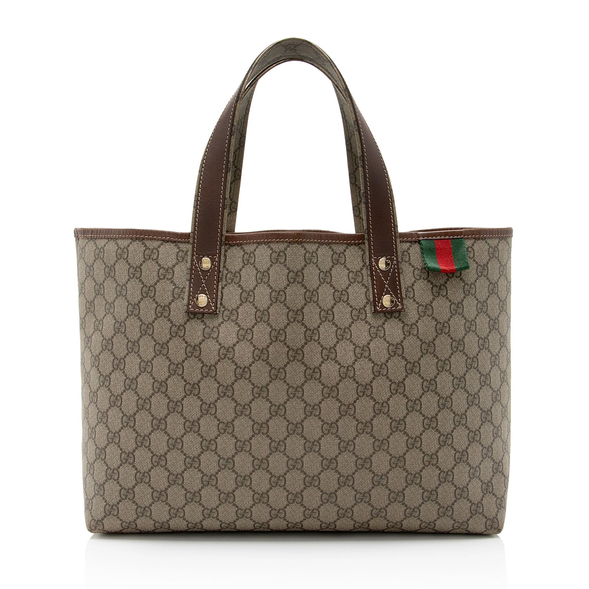 Gucci GG Supreme Signature Web Loop Leather Canvas Nylon Brown Tote Bag
