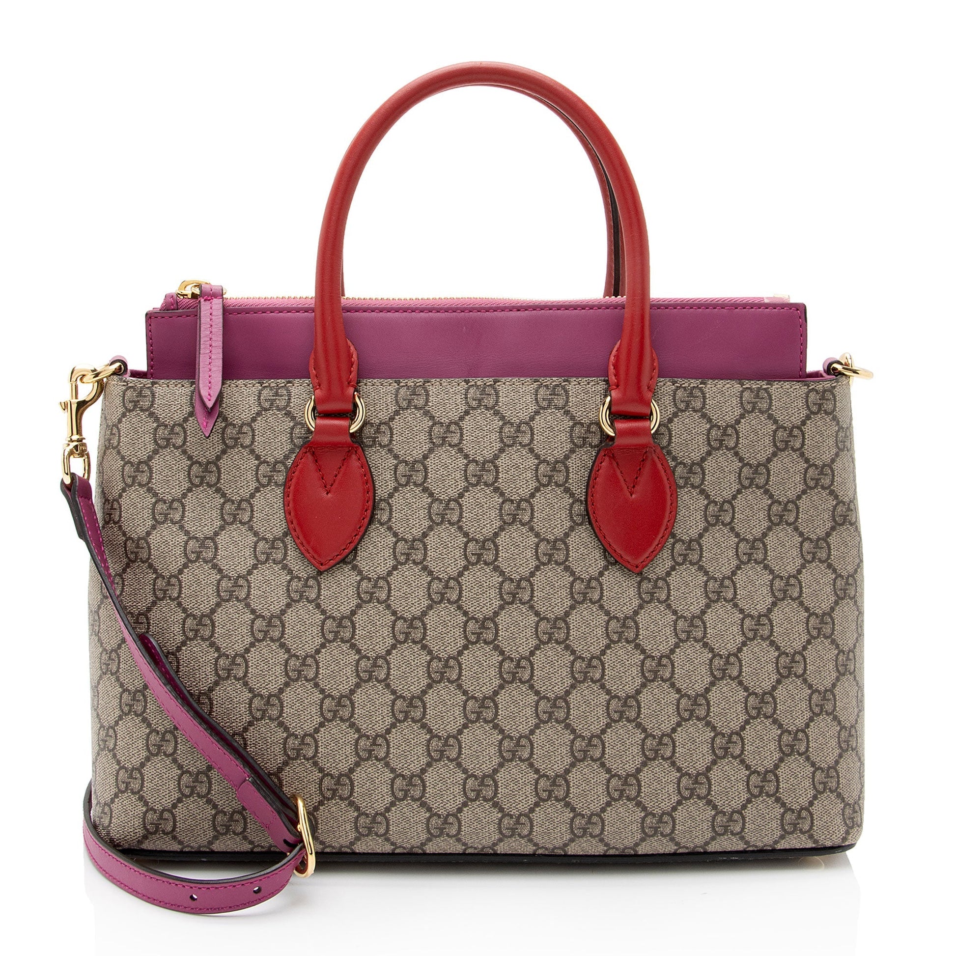 Gucci GG Supreme SHF-drDGfG Leather Canvas Beige Red Tote Bag