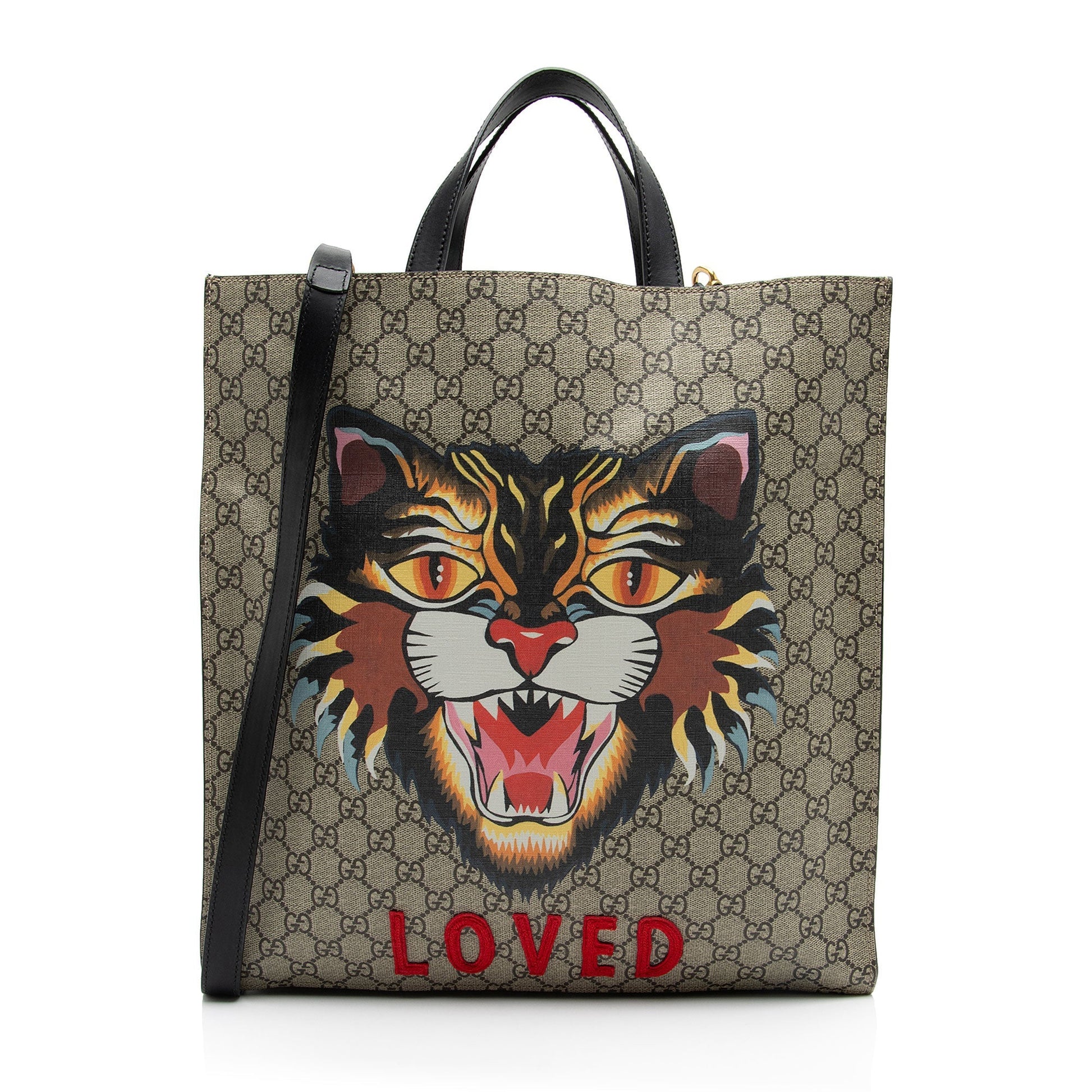 Gucci GG Supreme Soft Angry Cat Leather Canvas Black Beige Tote Bag