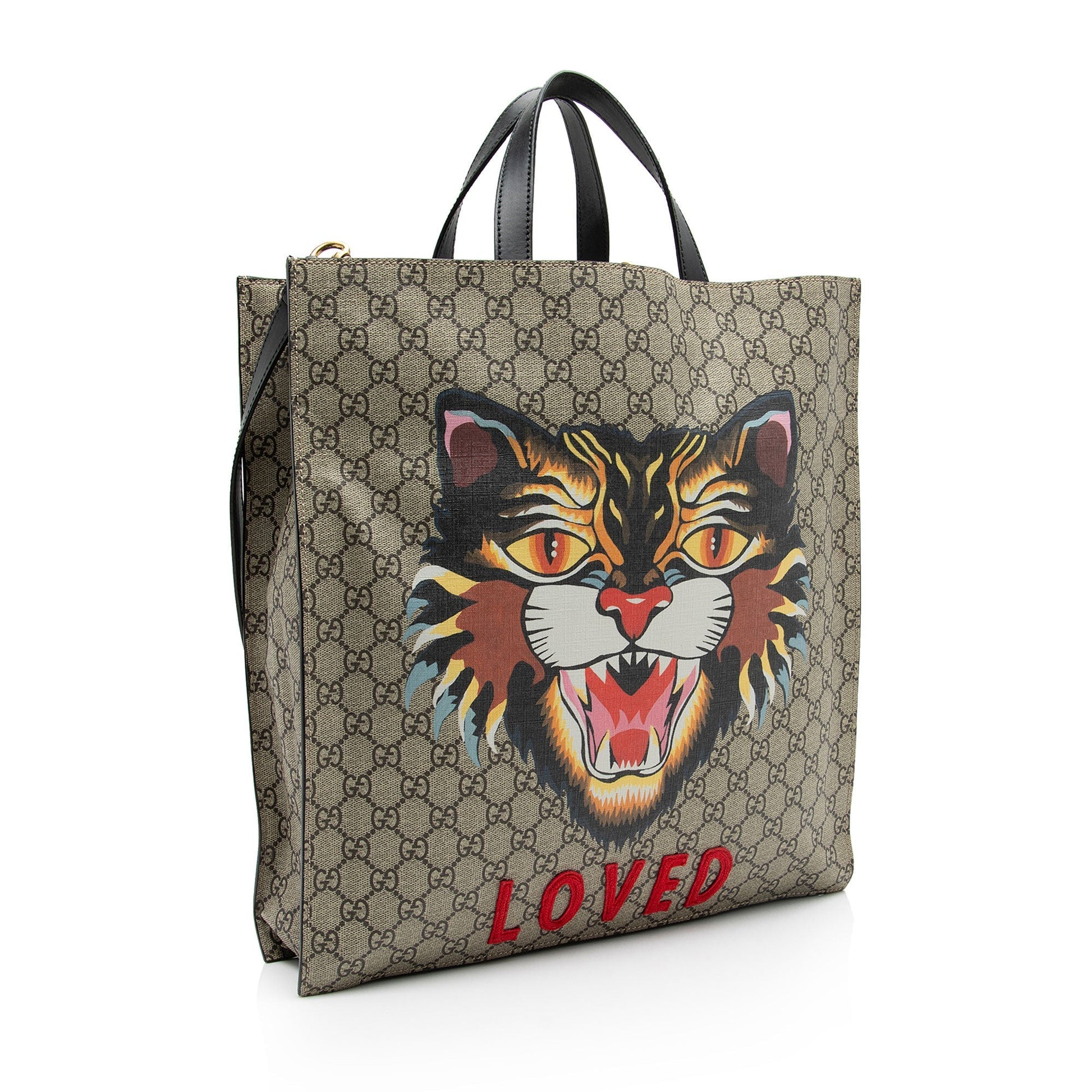 Gucci GG Supreme Soft Angry Cat Leather Canvas Black Beige Tote Bag