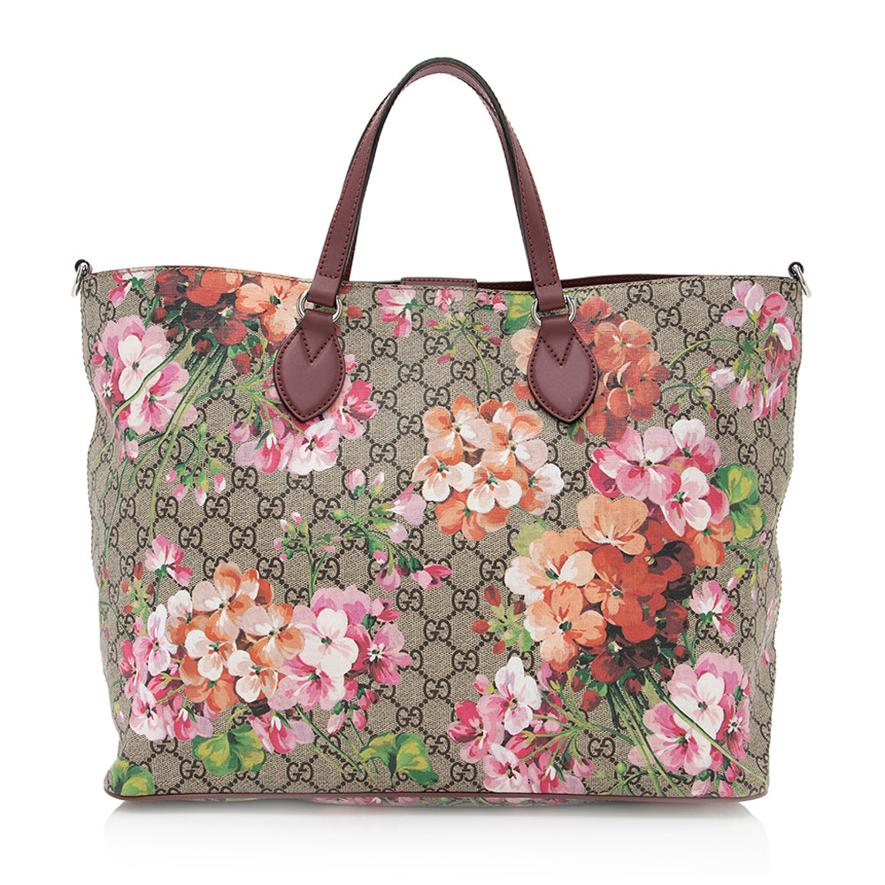 Gucci GG Supreme Soft Blooms SHF Leather Canvas Beige Pink Tote Bag