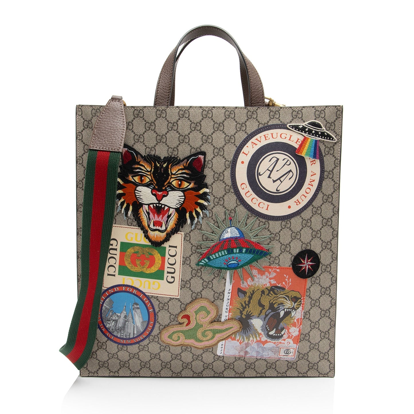 Gucci GG Supreme Soft Vertical Courrier Leather Canvas Nylon Brown Tote Bag
