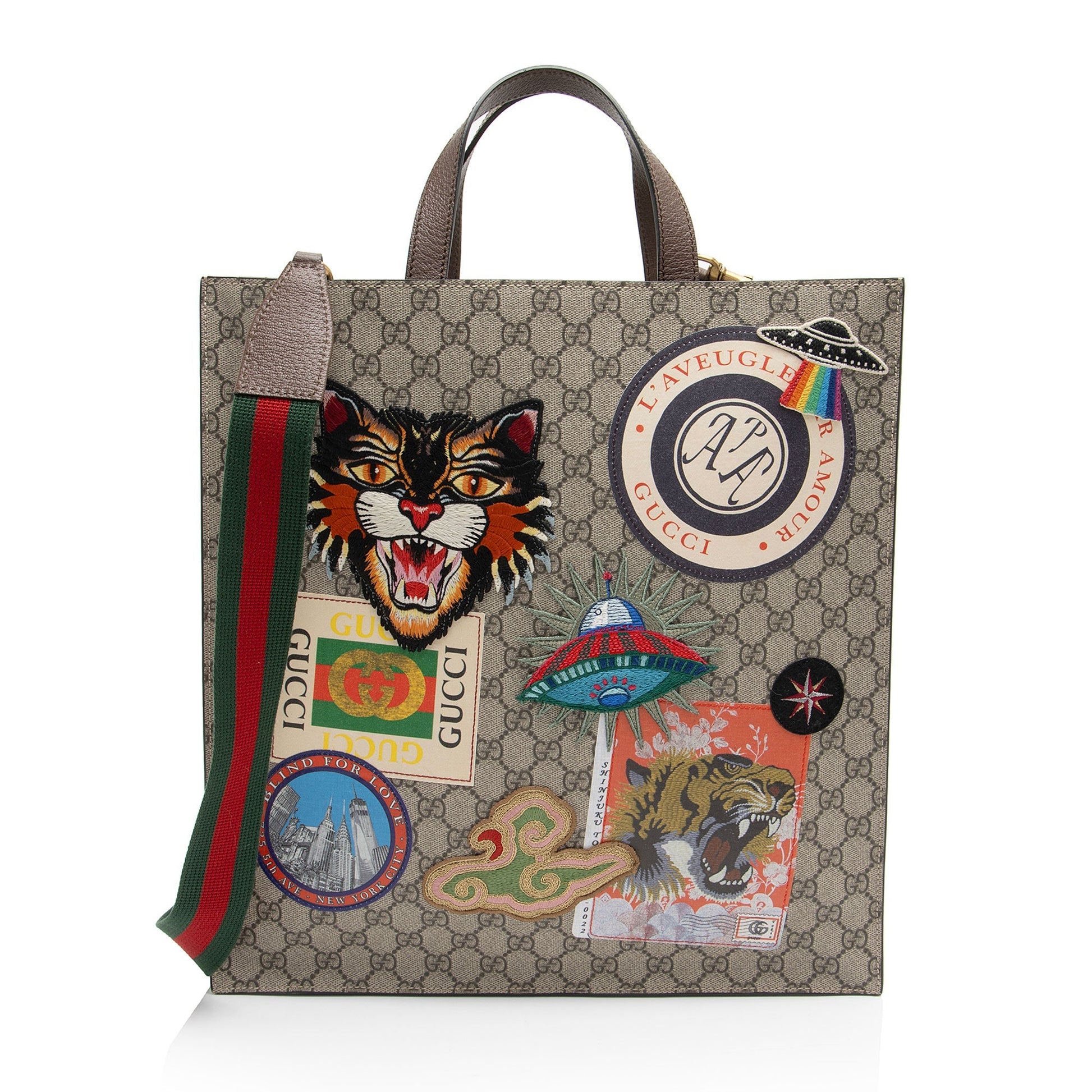 Gucci GG Supreme Soft Vertical Courrier Leather Canvas Nylon Brown Tote Bag