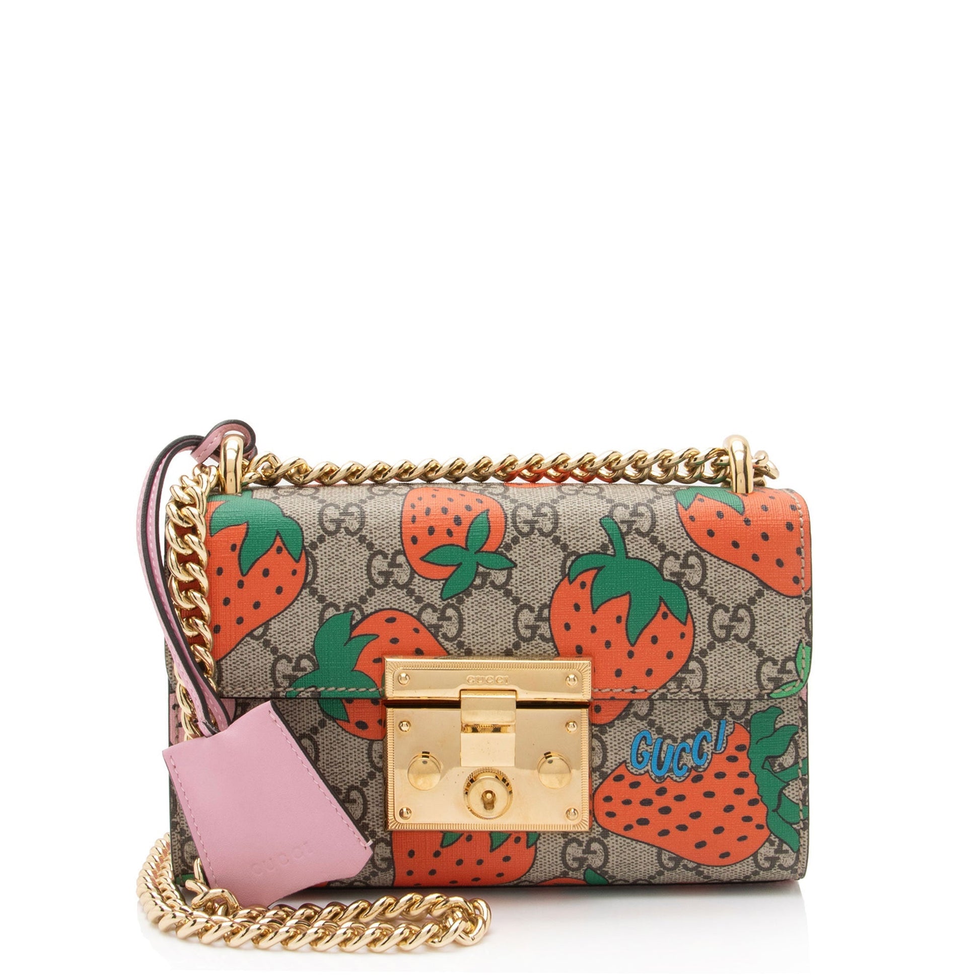 Gucci GG Supreme Strawberry Padlock SHF-uX0Syw Leather Canvas Beige Pink Crossbody Bag
