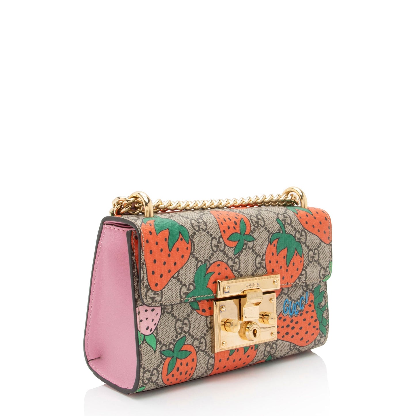 Gucci GG Supreme Strawberry Padlock SHF-uX0Syw Leather Canvas Beige Pink Crossbody Bag