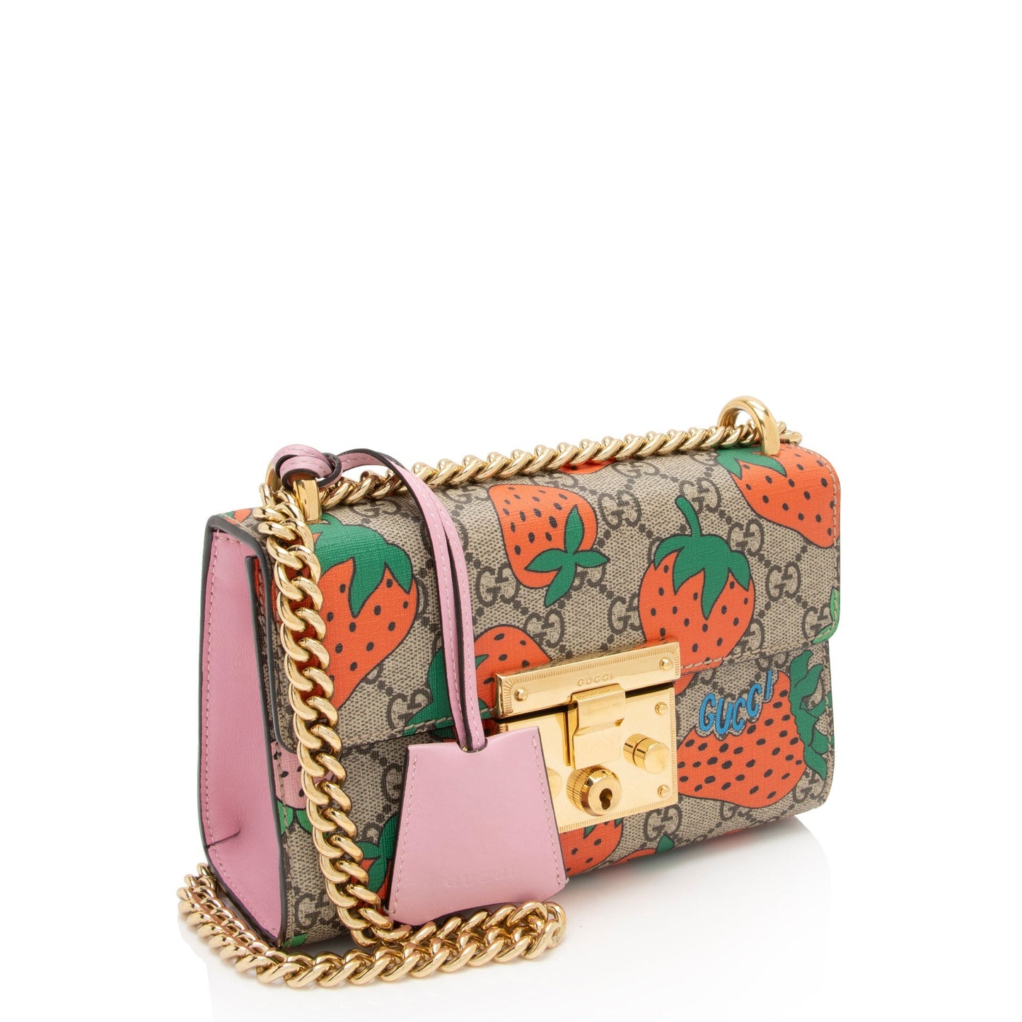 Gucci GG Supreme Strawberry Padlock Leather Canvas Beige Pink Crossbody Bag
