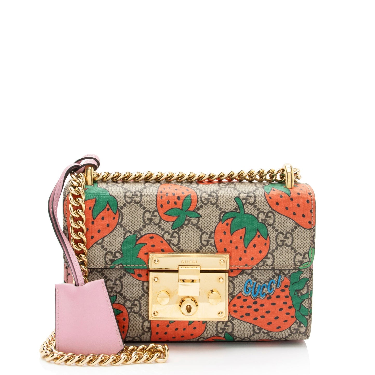 Gucci GG Supreme Strawberry Padlock SHF-KHb3br Leather Canvas Beige Pink Shoulder Bag