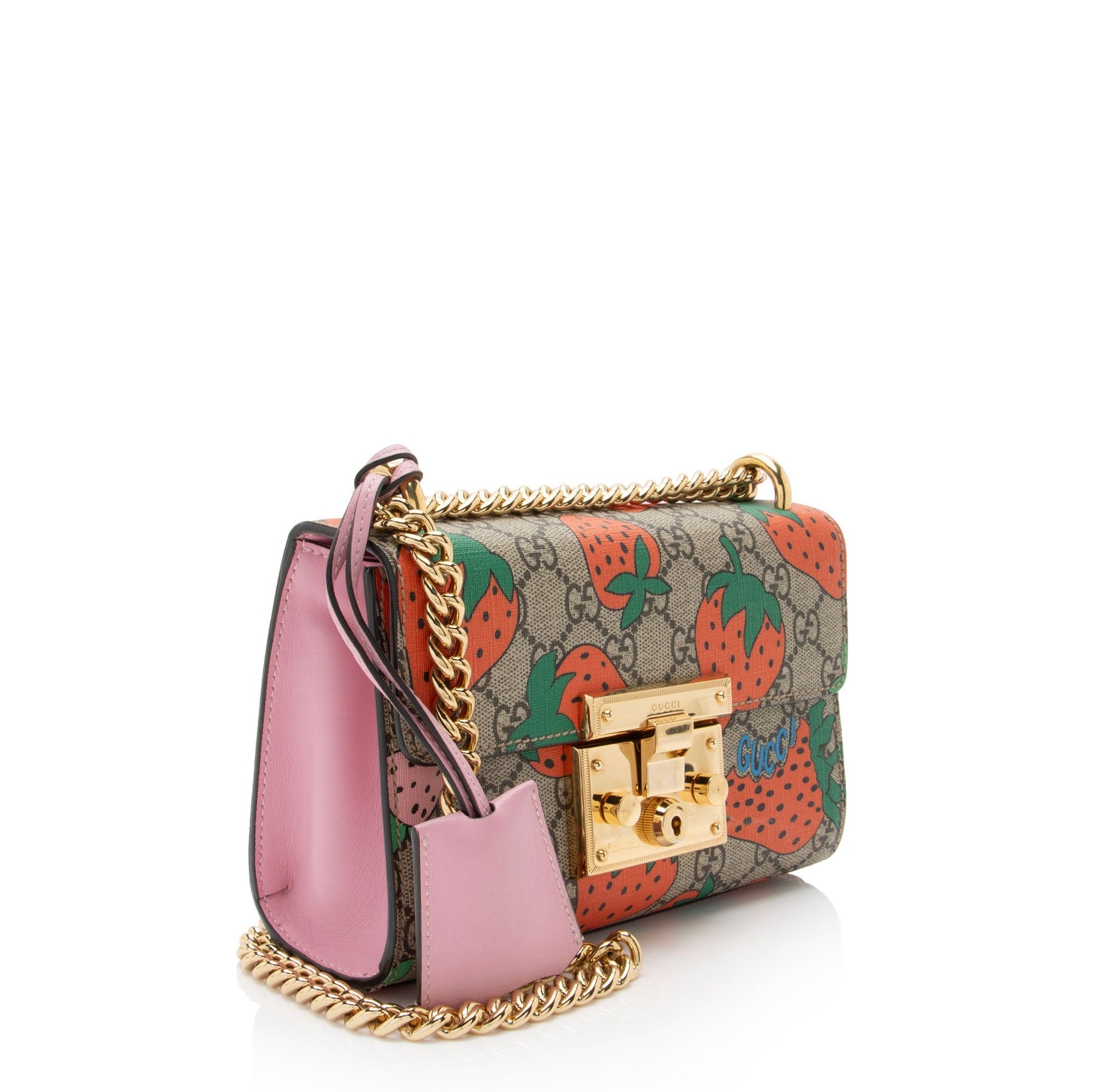 Gucci GG Supreme Strawberry Padlock SHF-KHb3br Leather Canvas Beige Pink Shoulder Bag