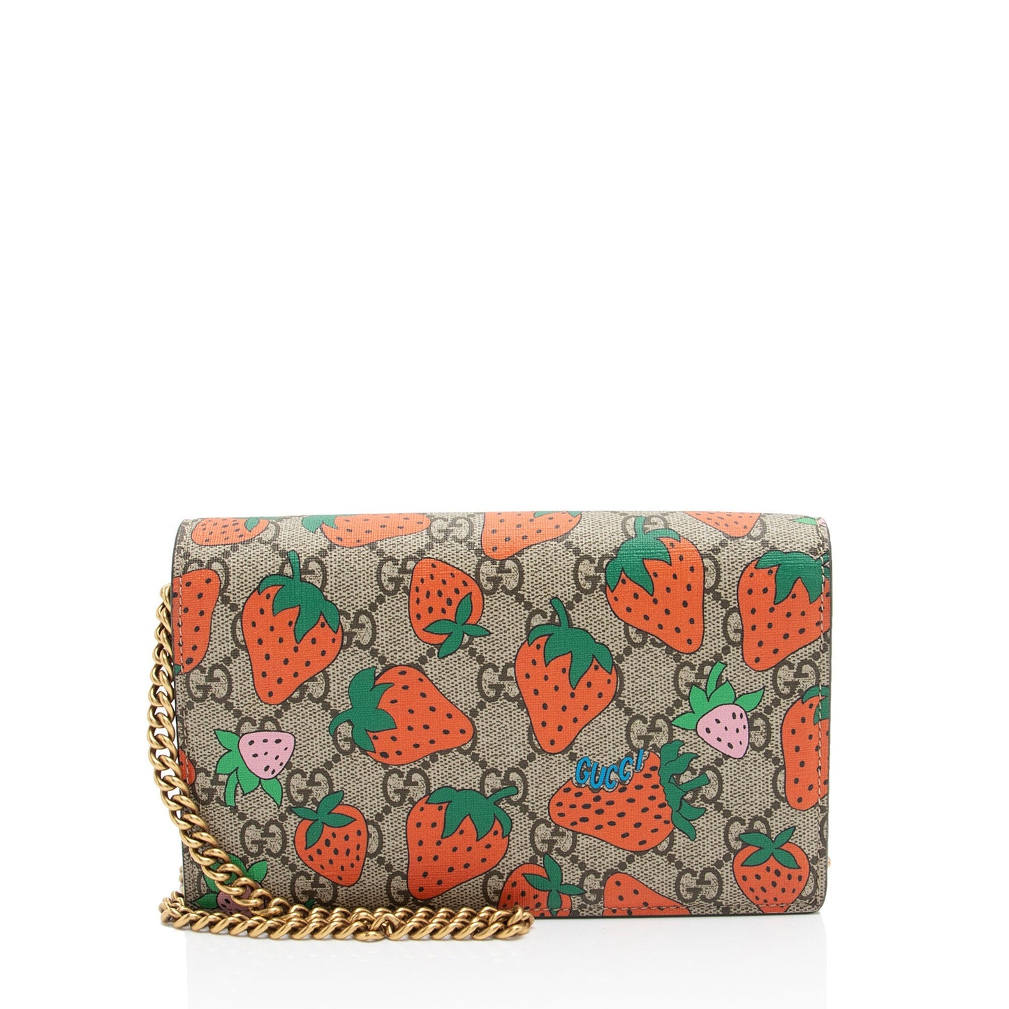 Gucci GG Supreme Strawberry Wallet on Leather Canvas Brown Blue Crossbody Bag