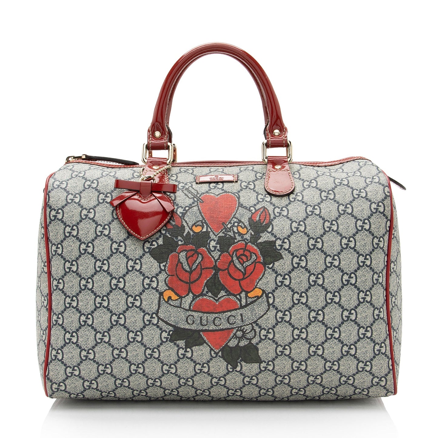 Gucci GG Supreme Tattoo Heart Boston Leather Canvas Patent Blue Satchel Bag